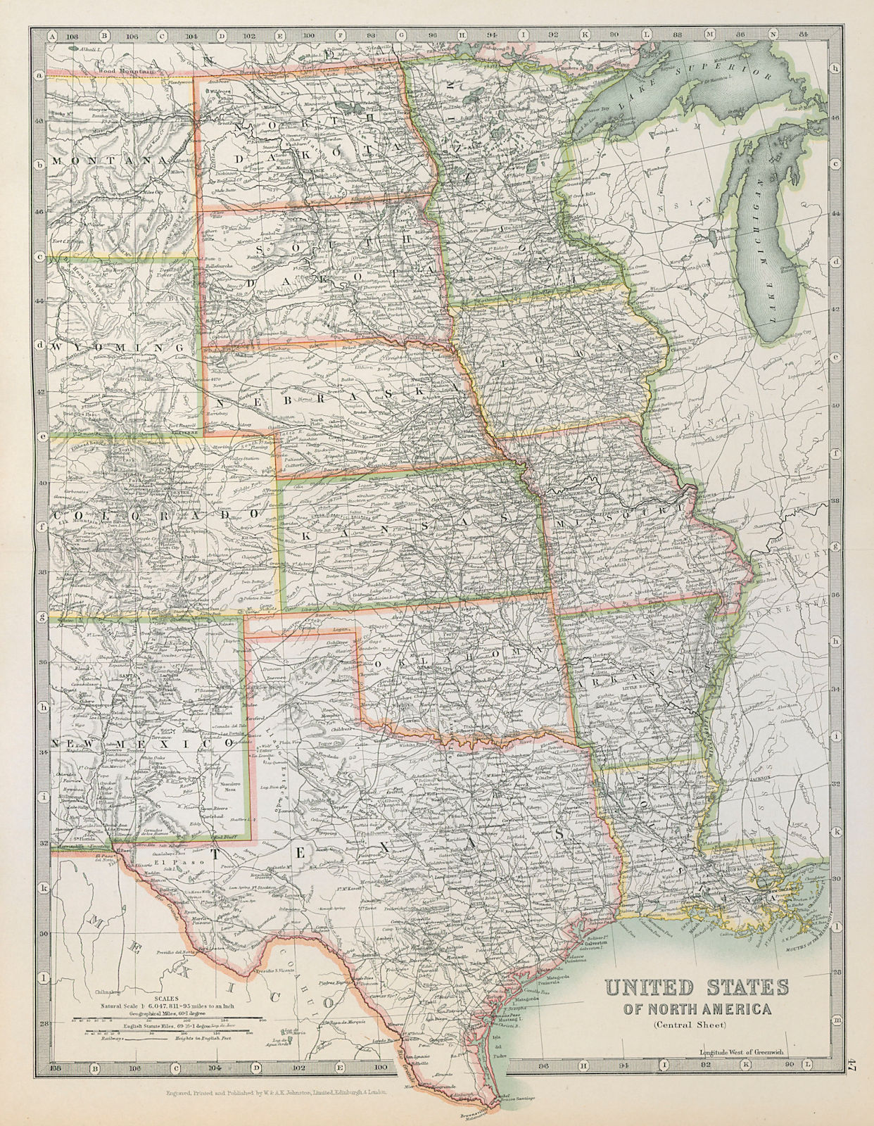 MISSISSIPPI VALLEY. Central United States Texas USA Railways. JOHNSTON 1915 map