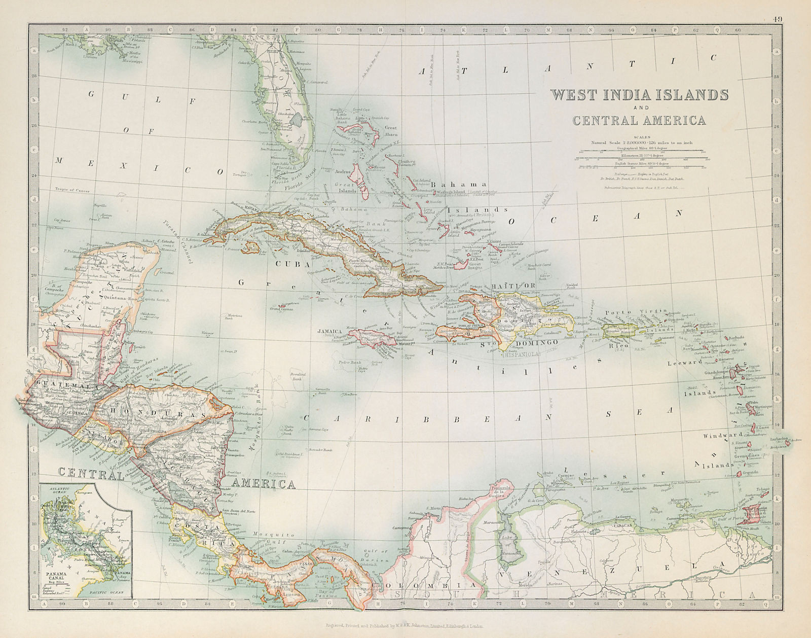 WEST INDIES/CARIBBEAN. Panama canal. Danish Virgin Islands. JOHNSTON 1915 map