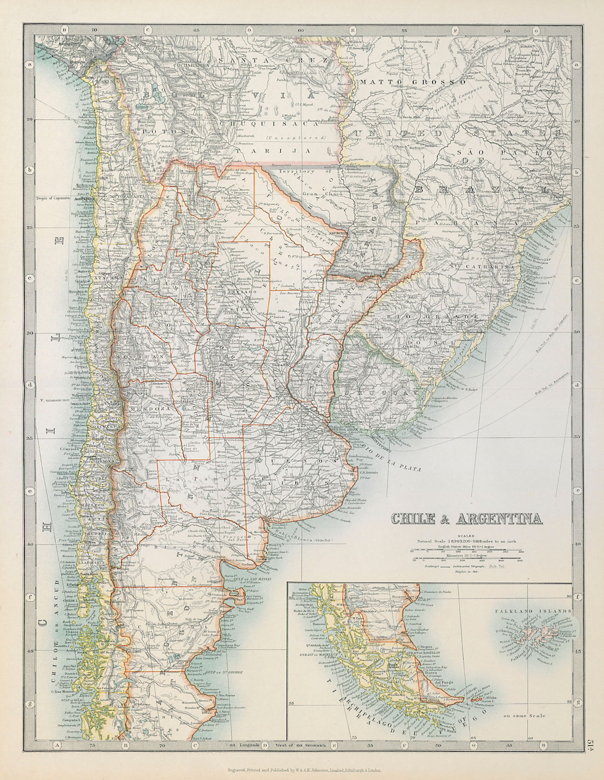 Associate Product CHILE & ARGENTINA. Paraguay/Bolivia ignored 1897 border. JOHNSTON 1915 old map