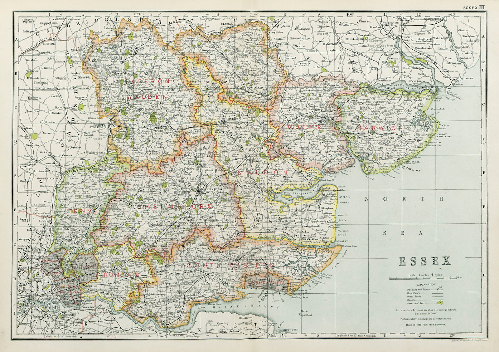 ESSEX. Showing Parliamentary divisions, boroughs & parks. BACON 1920 old map