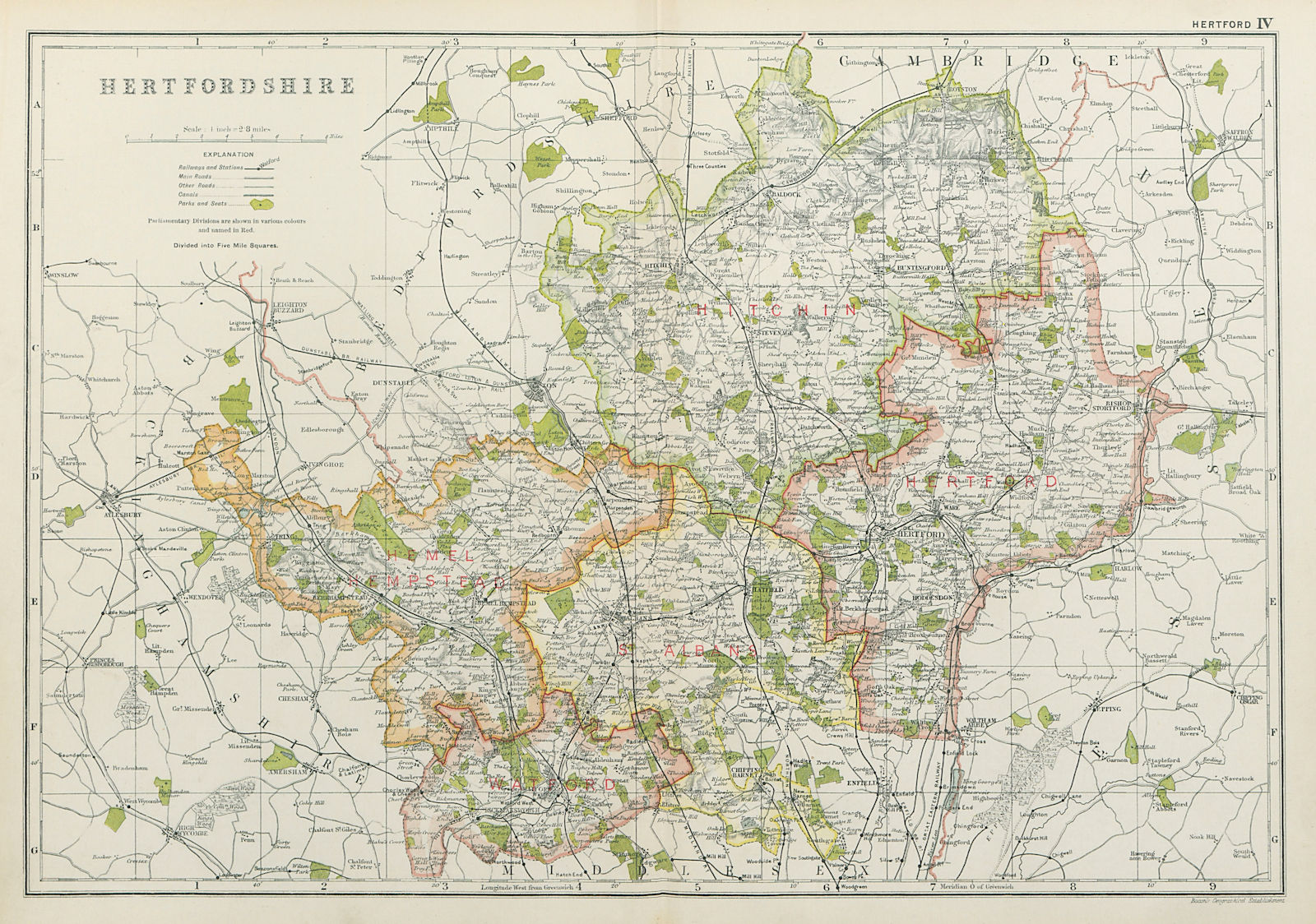 HERTFORDSHIRE. Showing Parliamentary divisions, boroughs & parks. BACON 1920 map