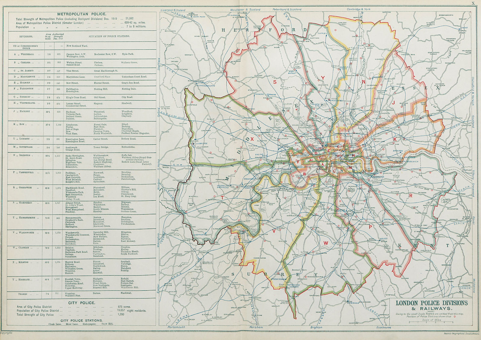 LONDON POLICE DIVISIONS & RAILWAYS showing Police stations. BACON 1920 old map