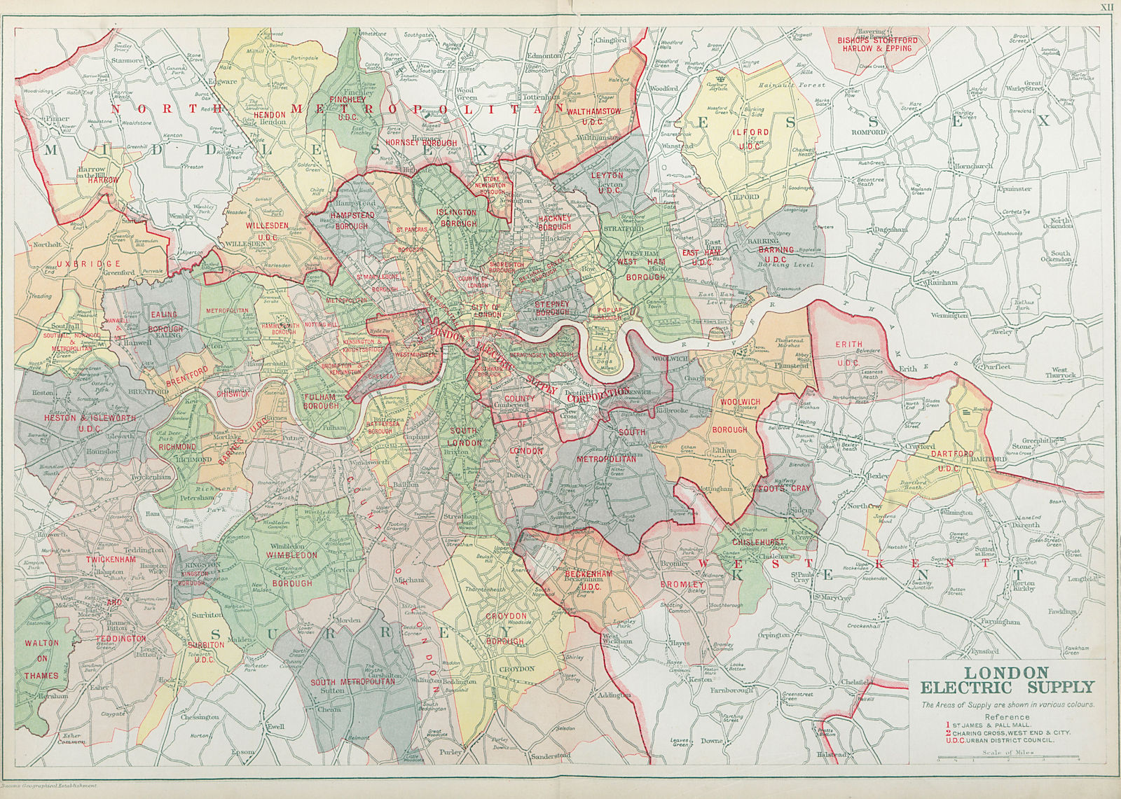 LONDON ELECTRICITY SUPPLY areas. Corporation. Metropolitan. BACON 1920 old map