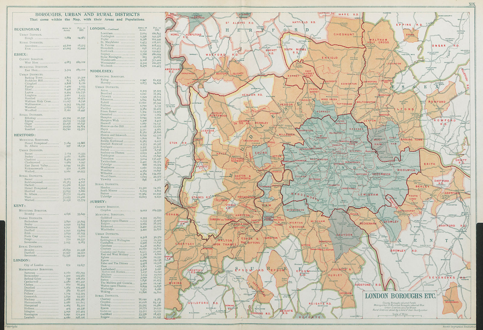 LONDON showing Municipal Boroughs, Urban Districts & Rural areas. BACON 1920 map