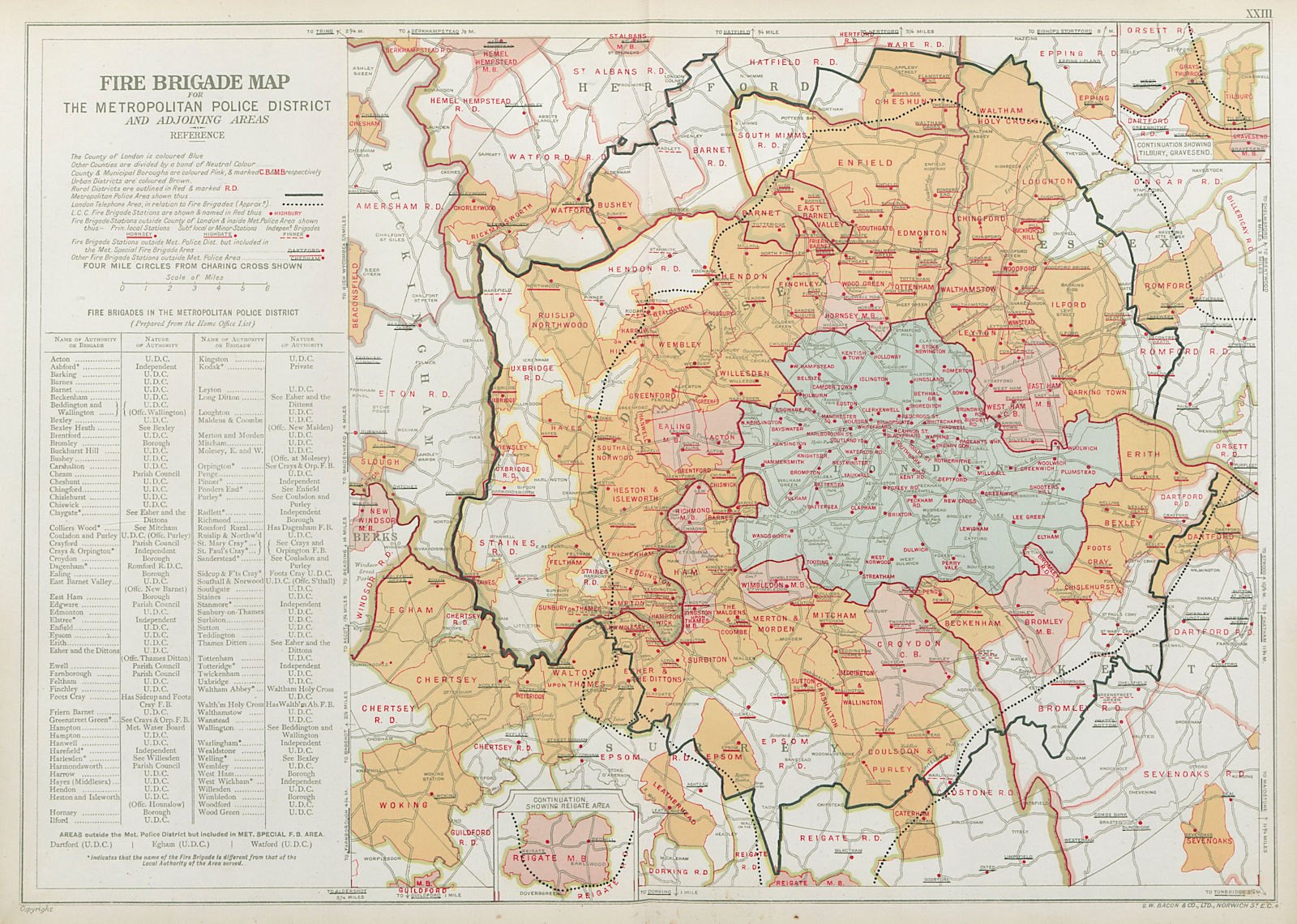 Associate Product LONDON FIRE BRIGADE. Showing Fire Brigade Stations. Vintage map. BACON 1920