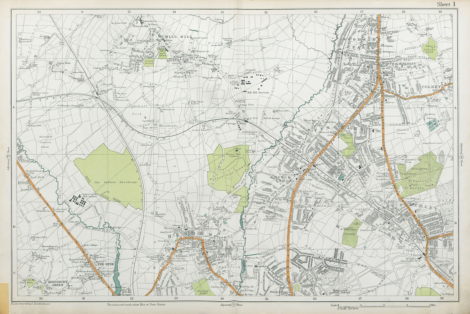FINCHLEY/HENDON Mill Hill Colindale Colney Hatch Fortis Green. BACON  1920 map