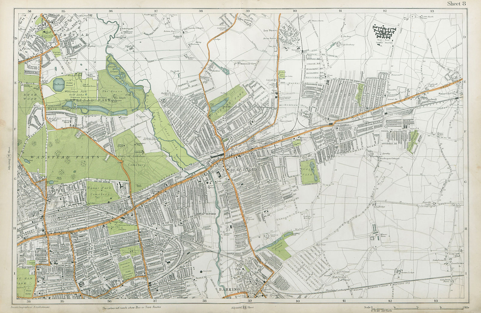 Associate Product WANSTEAD ILFORD BARKING Forest Gate Seven Kings Chadwell Heath. BACON  1920 map