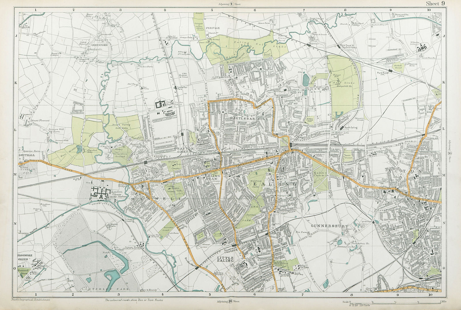 Associate Product EALING/ACTON Greenford Hanwell Gunnersbury Perivale Hanger Lane. BACON  1920 map