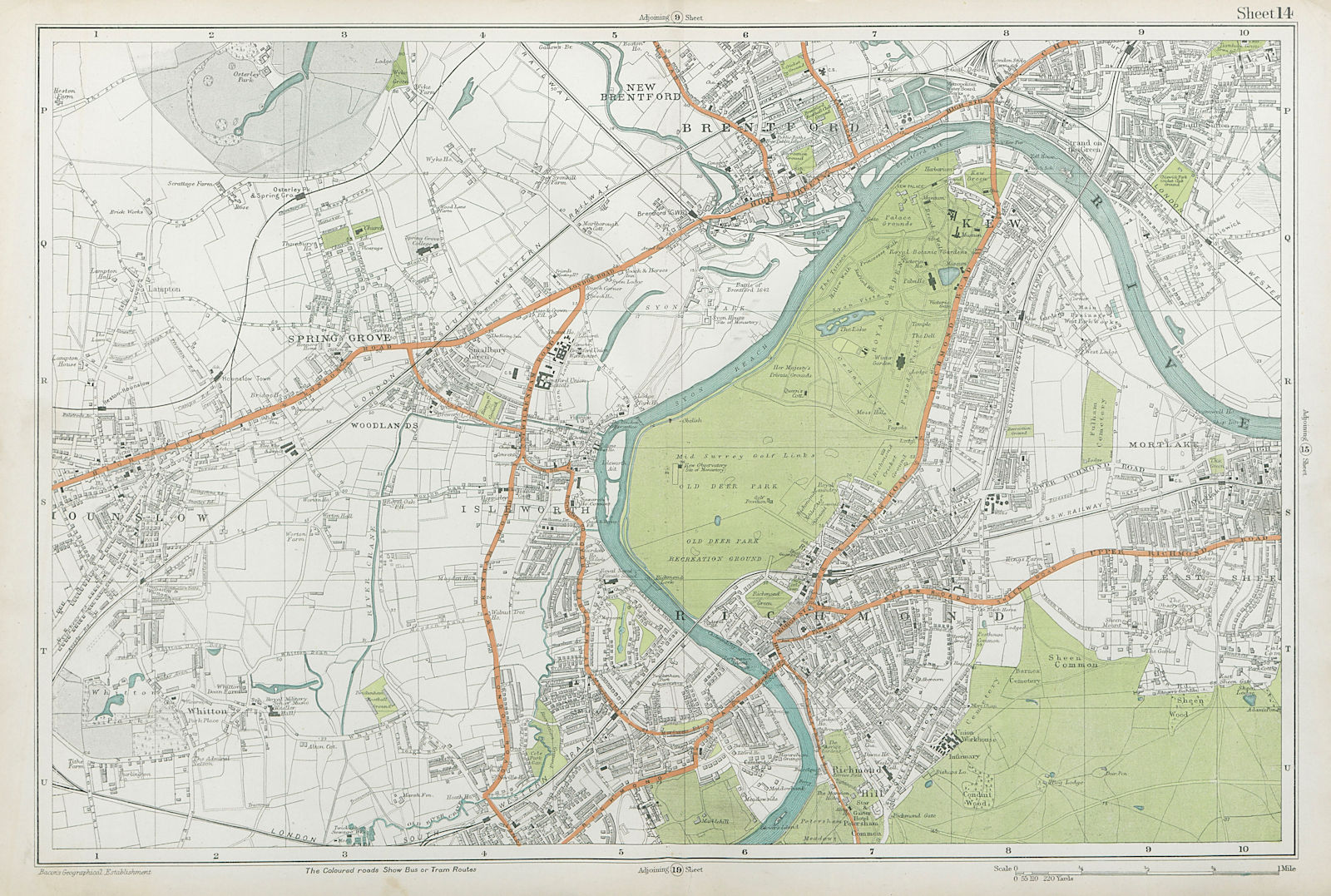 RICHMOND/HOUNSLOW Kew Isleworth Brentford Spring Grove Mortlake. BACON  1920 map
