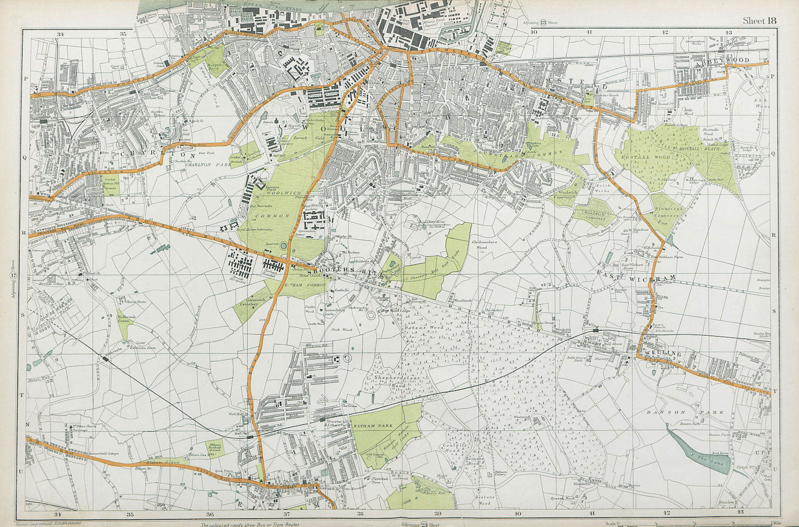 WOOLWICH Charlton Eltham Bexley Plumstead Shooters H Greenwich.BACON  1920 map