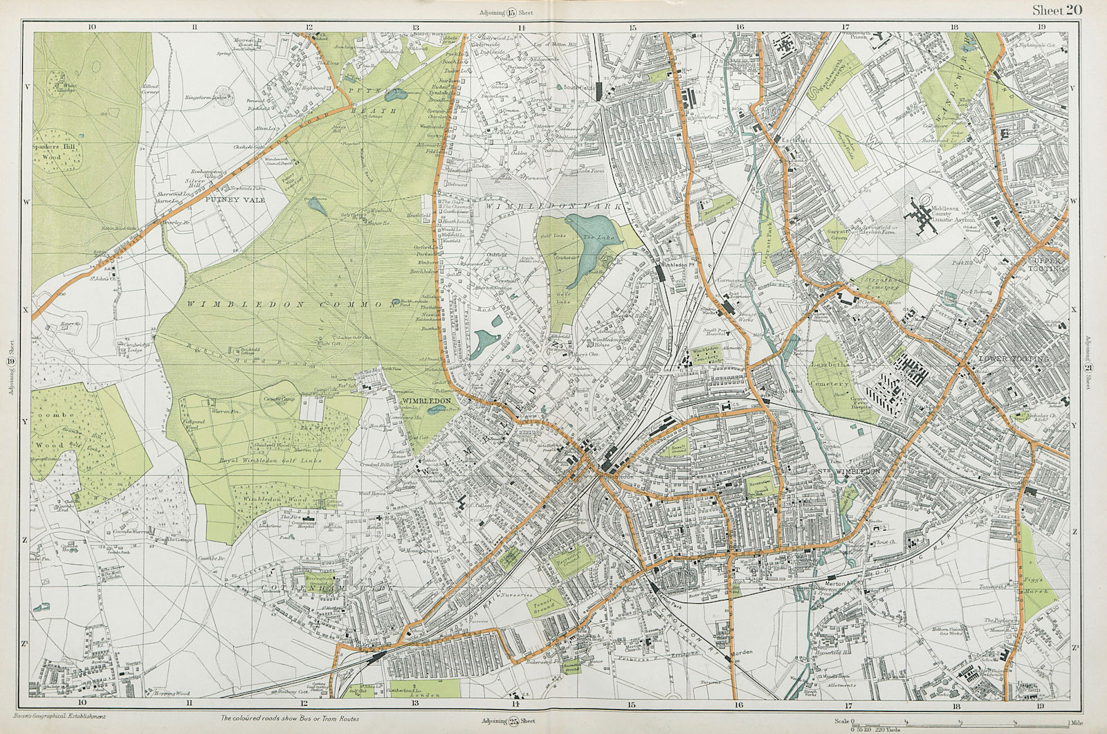 WIMBLEDON Merton Tooting Putney Heath Southfields Cottenham Park BACON  1920 map