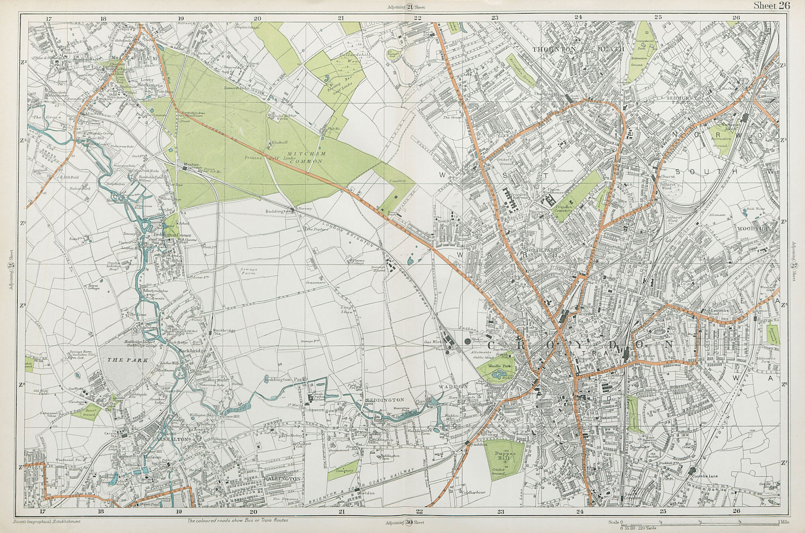 CROYDON Mitcham Carshalton Wallington Thornton Heath Beddington. BACON  1920 map