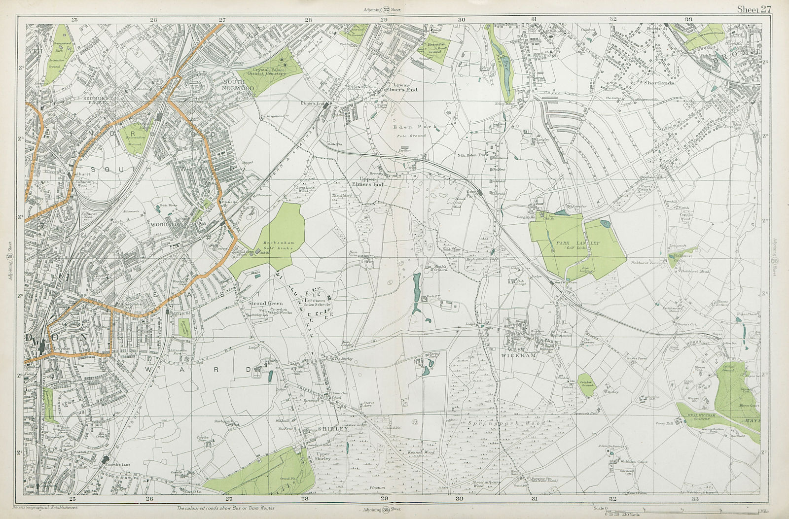 CROYDON Beckenham Woodside W Wickham Elmers End Norwood Hayes. BACON  1920 map