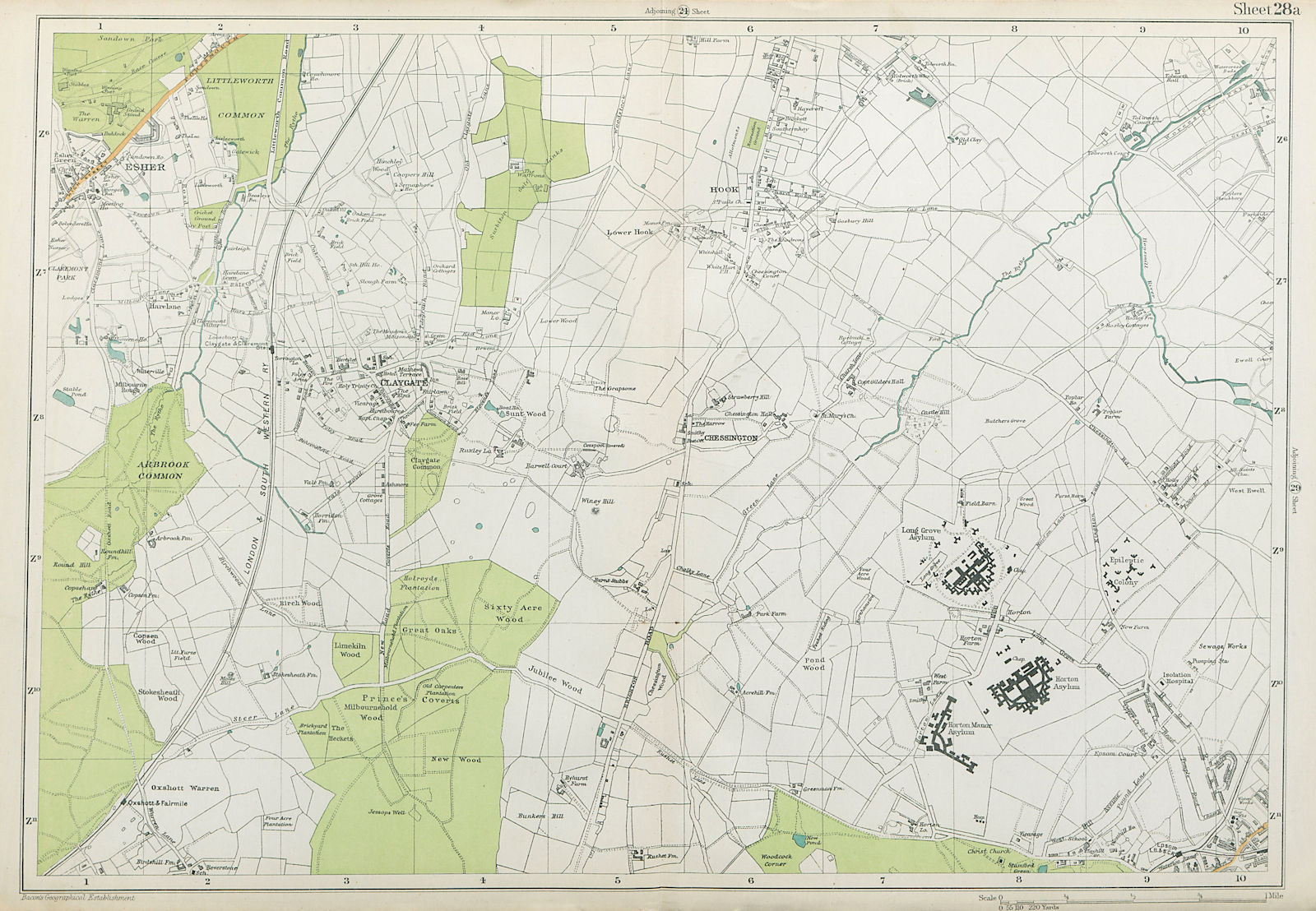 Associate Product ESHER/EWELL Epsom Claygate Oxshott Hook Chessington Hinchley Wood.BACON 1920 map