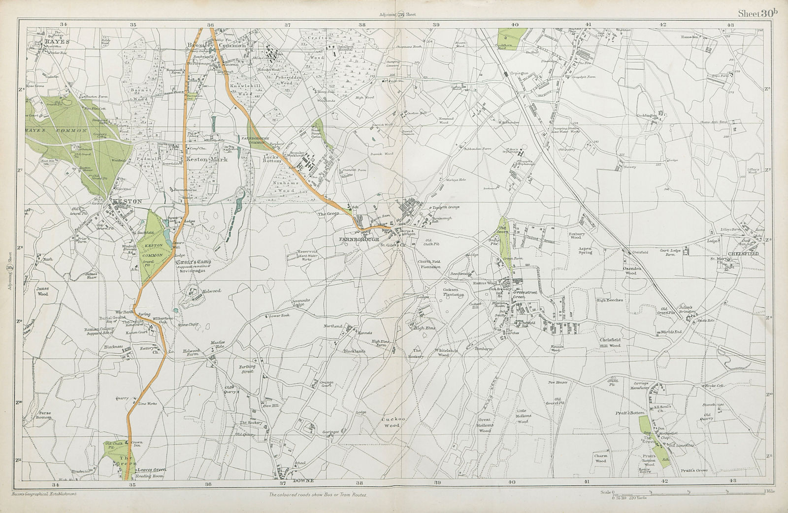 Associate Product ORPINGTON Farnborough Keston Mark Pratt's Bottom Chelsfield. BACON 1920 map