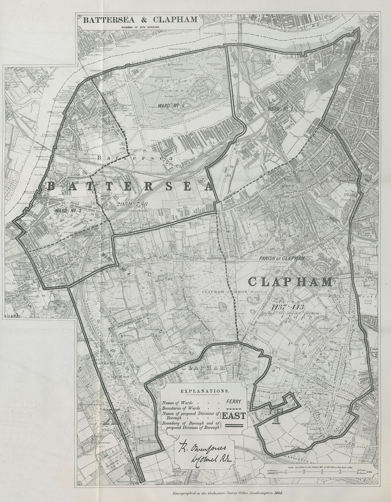 Battersea & Clapham Parliamentary Borough. BOUNDARY COMMISSION 1885 old map