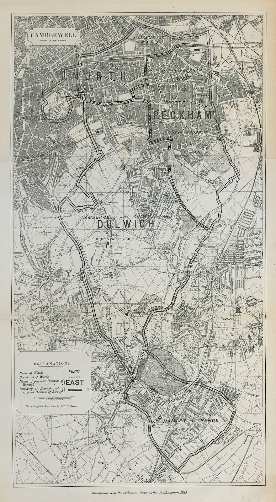 Camberwell Parliamentary Borough. Dulwich Penge. BOUNDARY COMMISSION 1885 map