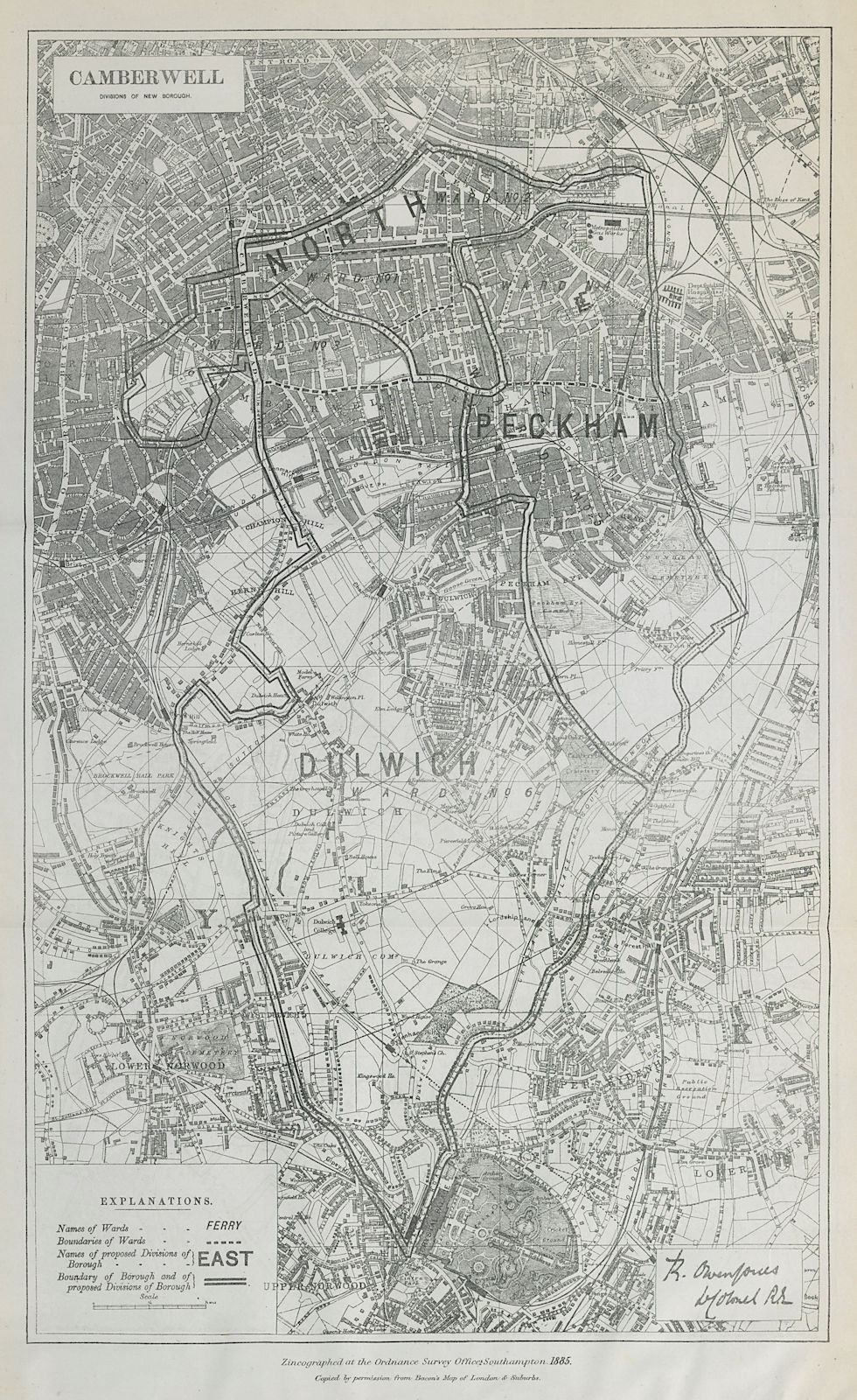 Camberwell Parliamentary Borough. Dulwich Peckham. BOUNDARY COMMISSION 1885 map