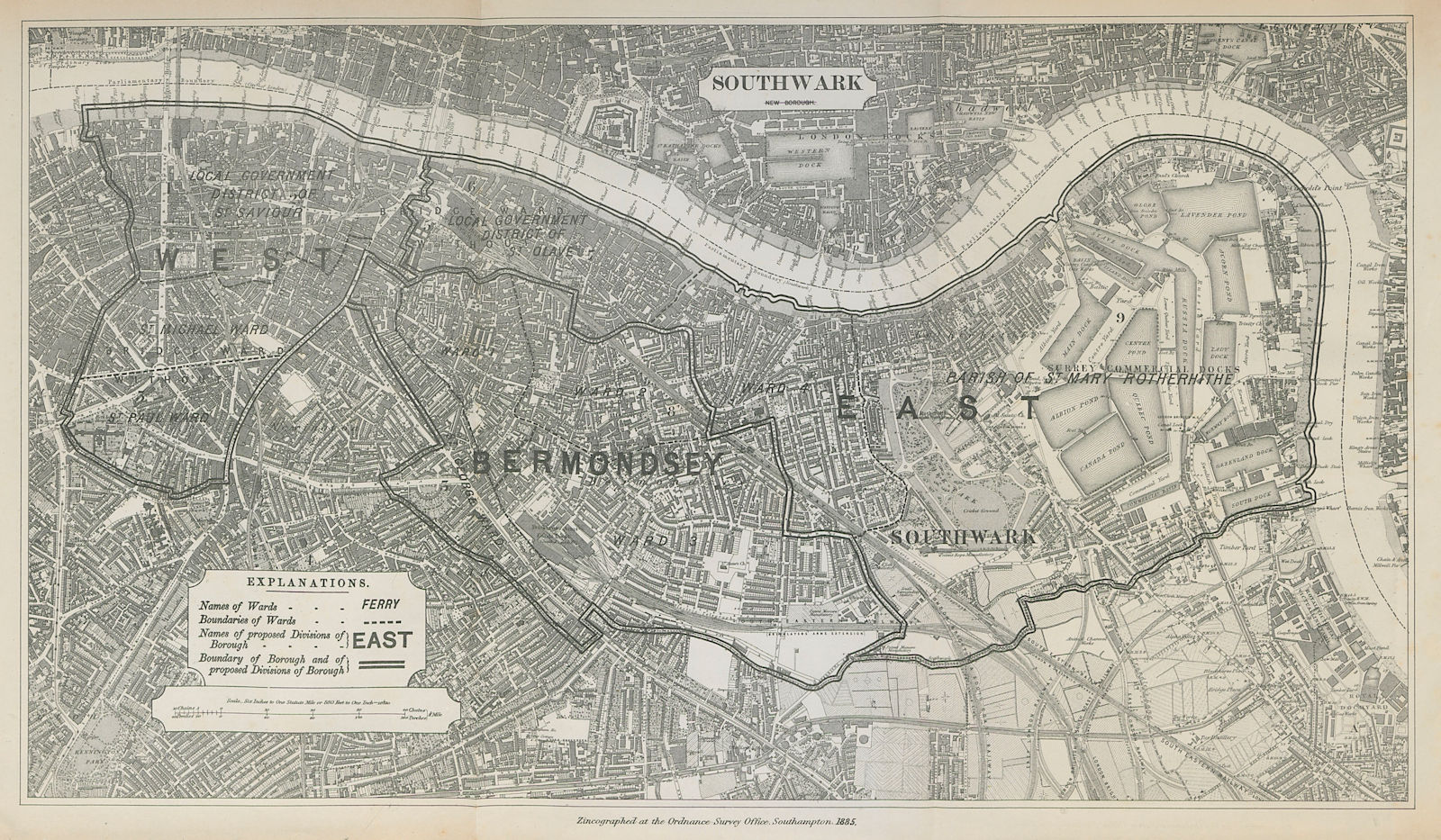 Associate Product Southwark Parliamentary Borough. Bermondsey R'hithe BOUNDARY COMMISSION 1885 map