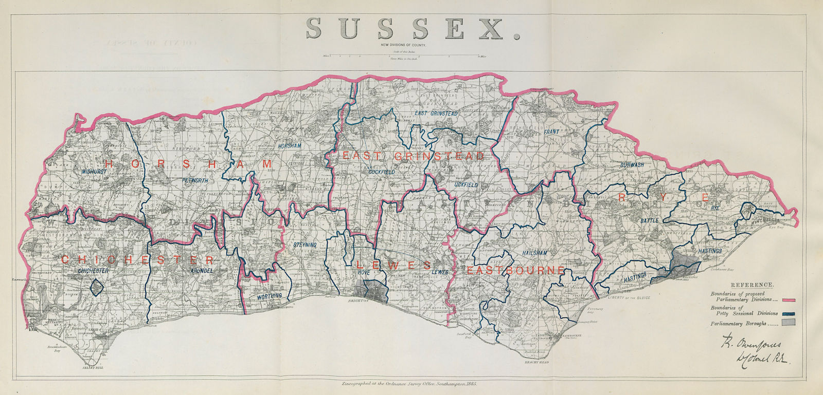 Associate Product Sussex Parliamentary Divisions. Chichester Lewes. BOUNDARY COMMISSION 1885 map