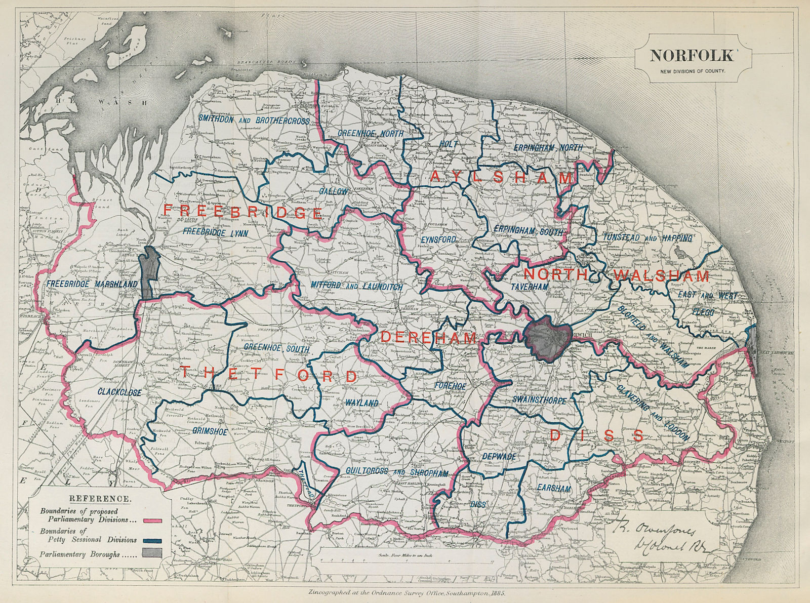 Associate Product Norfolk Parliamentary Divisions. Thetford Diss. BOUNDARY COMMISSION 1885 map