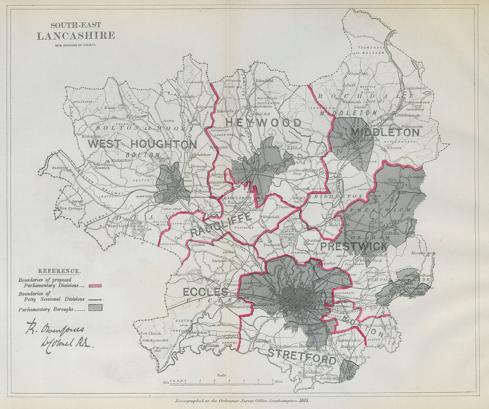 Associate Product South East Lancashire Parliamentary Divisions. BOUNDARY COMMISSION 1885 map