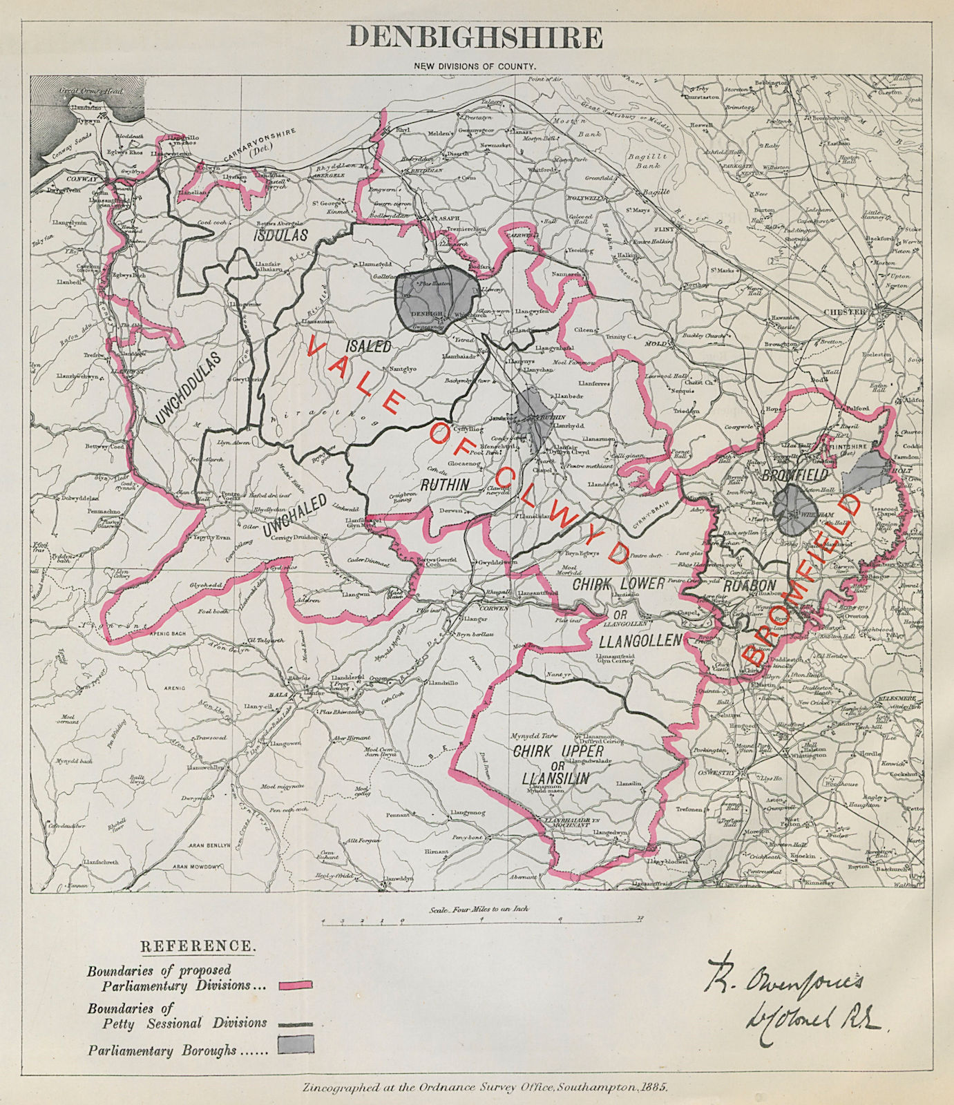 Associate Product Denbighshire Parliamentary Divisions. Clwyd. BOUNDARY COMMISSION 1885 old map