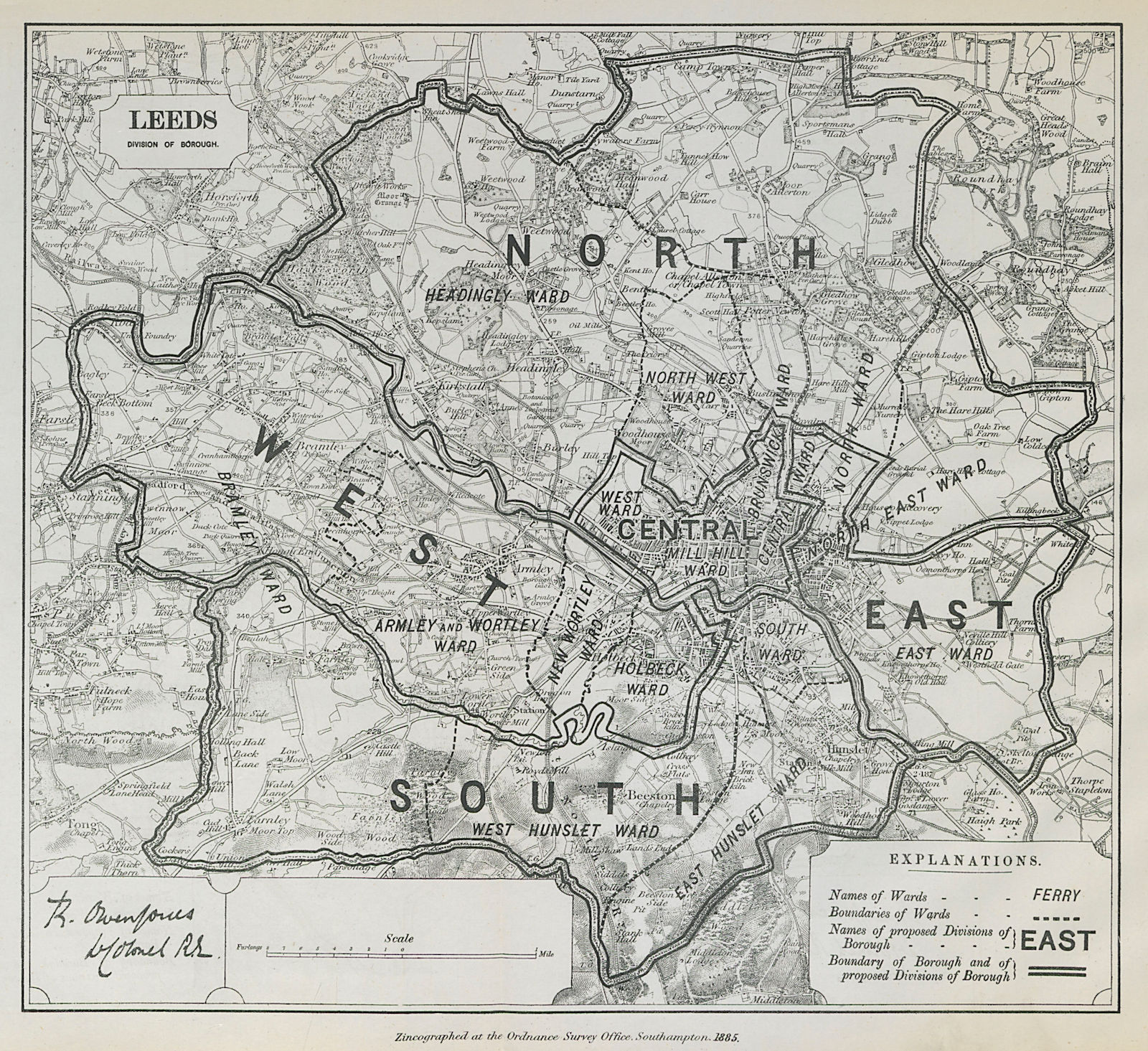 Leeds Parliamentary Borough. Headingley Bramley. BOUNDARY COMMISSION 1885 map
