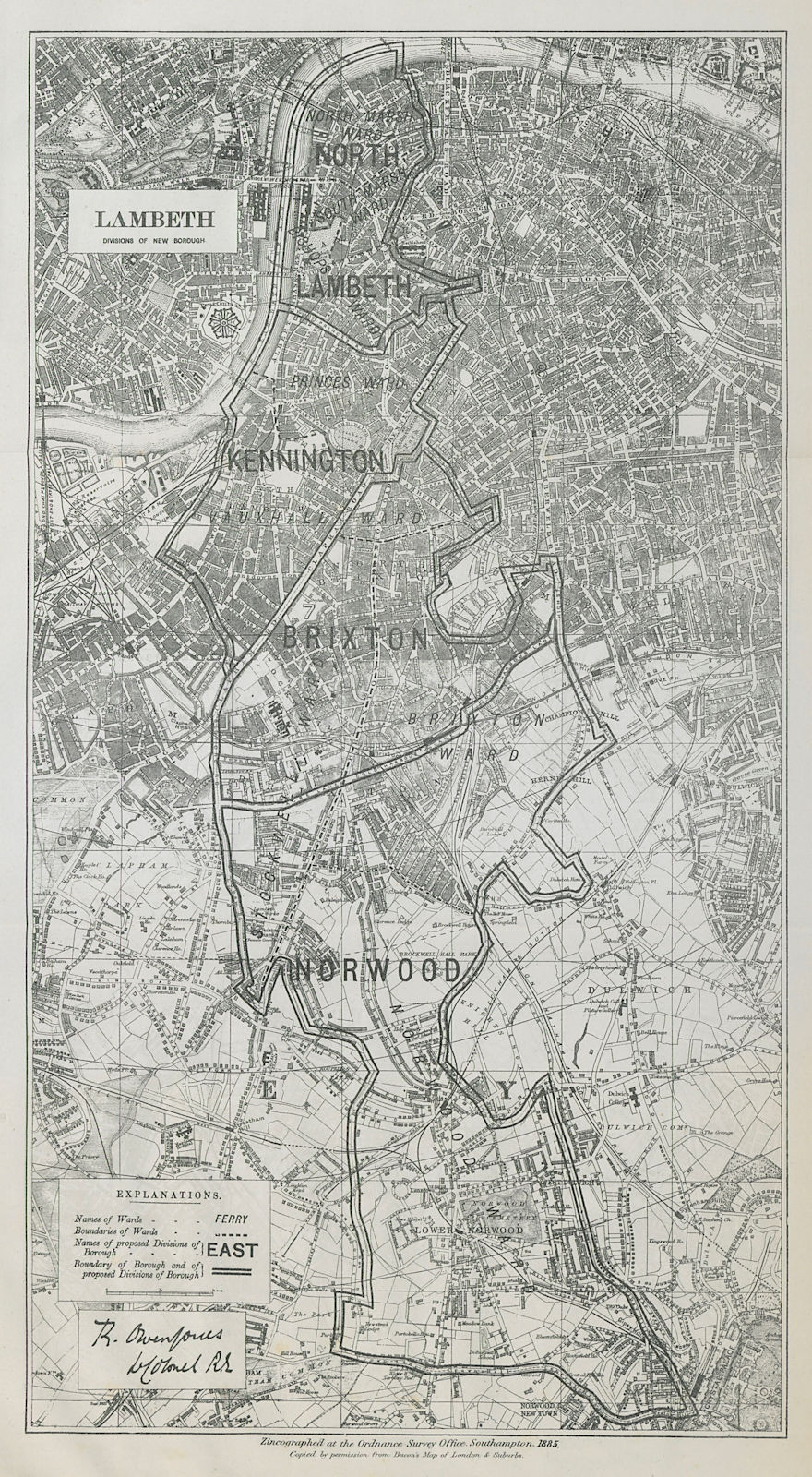 Lambeth Parliamentary Borough. Kennington Brixton. BOUNDARY COMMISSION 1885 map