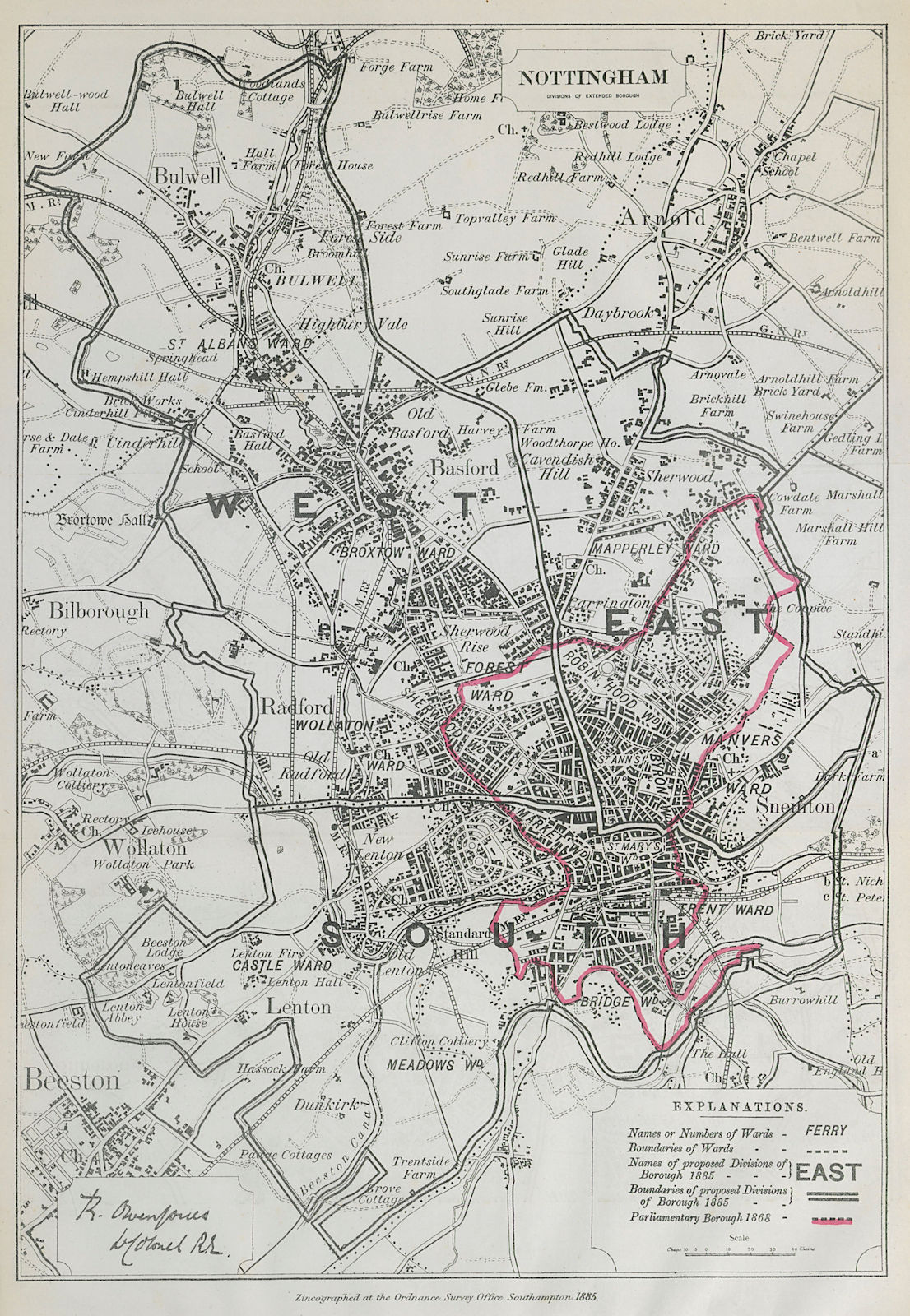 Nottingham Parliamentary Borough. Broxtow Bulwell. BOUNDARY COMMISSION 1885 map