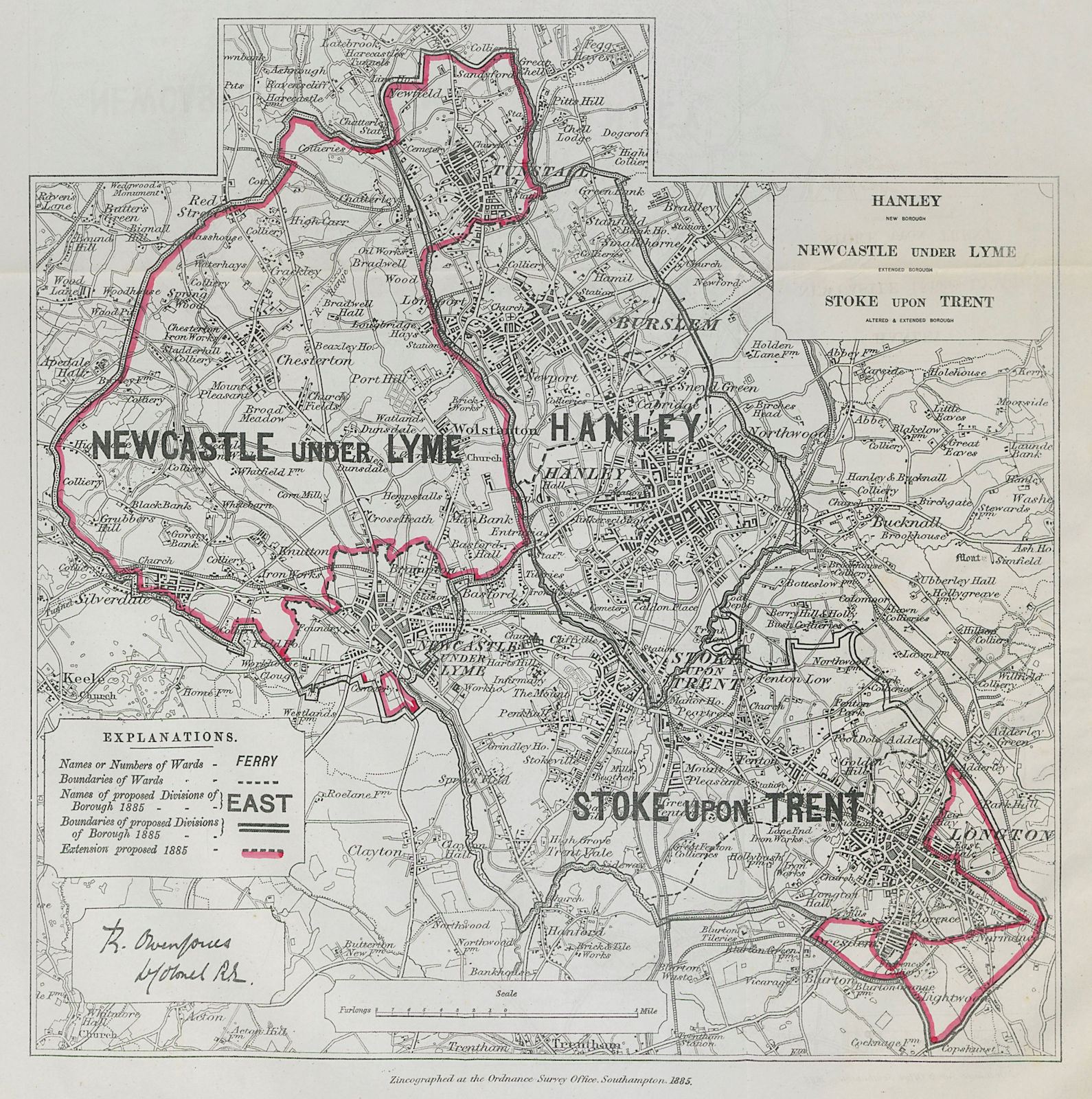 Hanley Newcastle/Lyme Stoke/Trent Borough. BOUNDARY COMMISSION 1885 old map