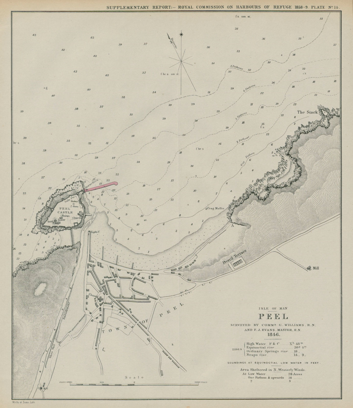 Peel bay surveyed by Williams & Evans. Proposed breakwater. Isle of Man 1859 map