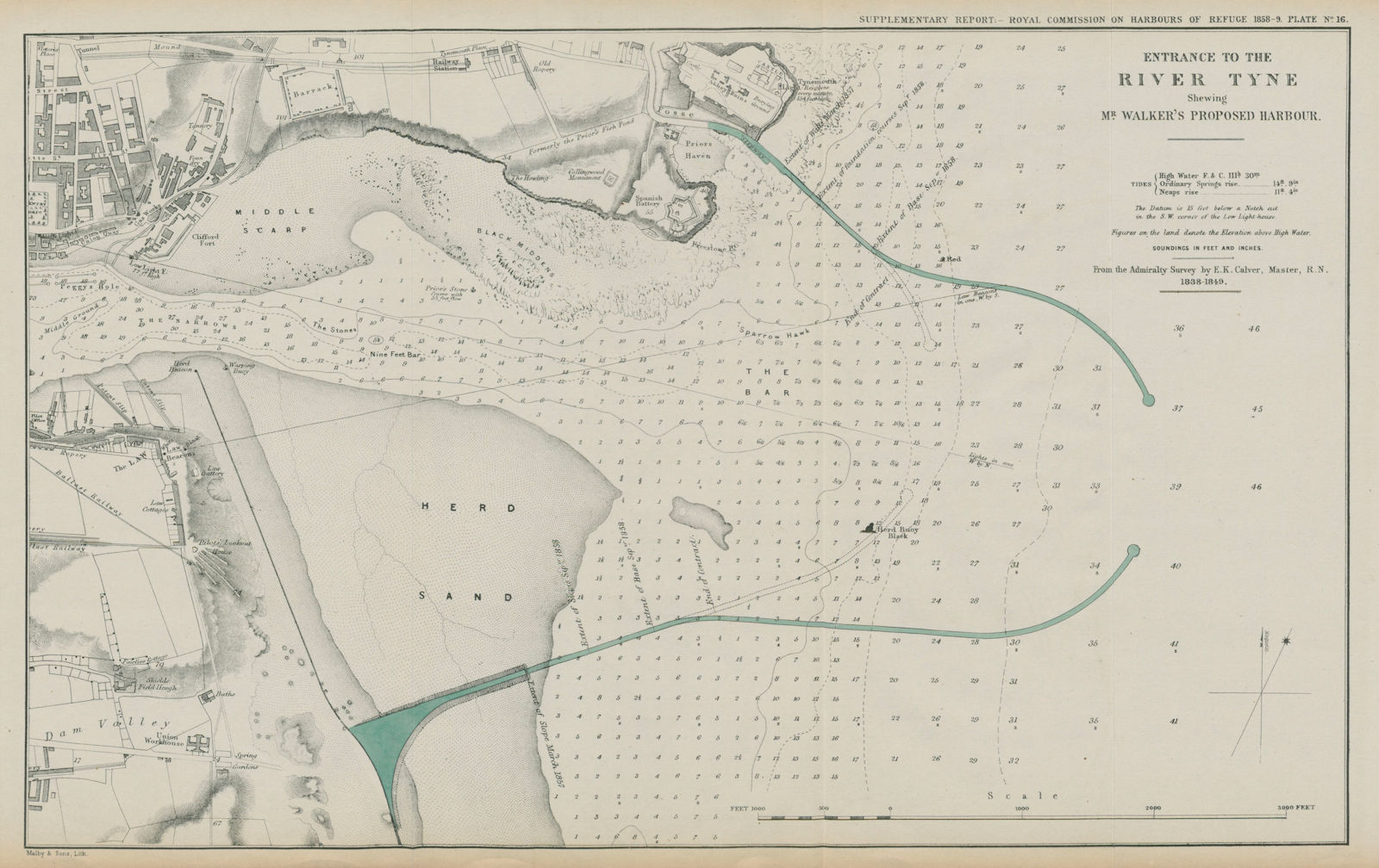 Tynemouth proposed breakwaters. Walker. Harbour. North/South Shields 1859 map