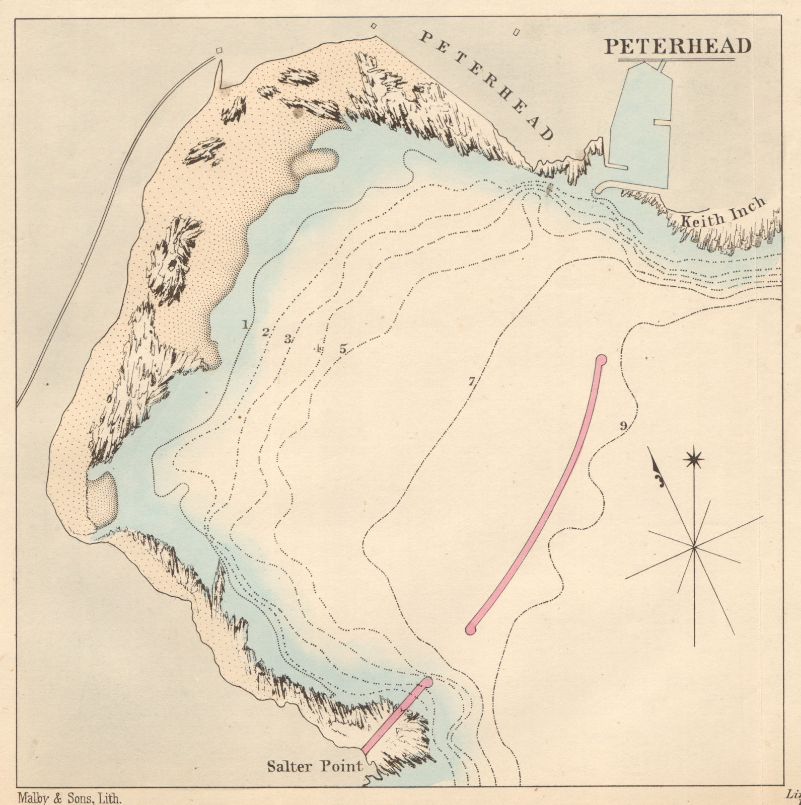 Peterhead bay showing the proposed breakwaters. Scotland 1859 old antique map