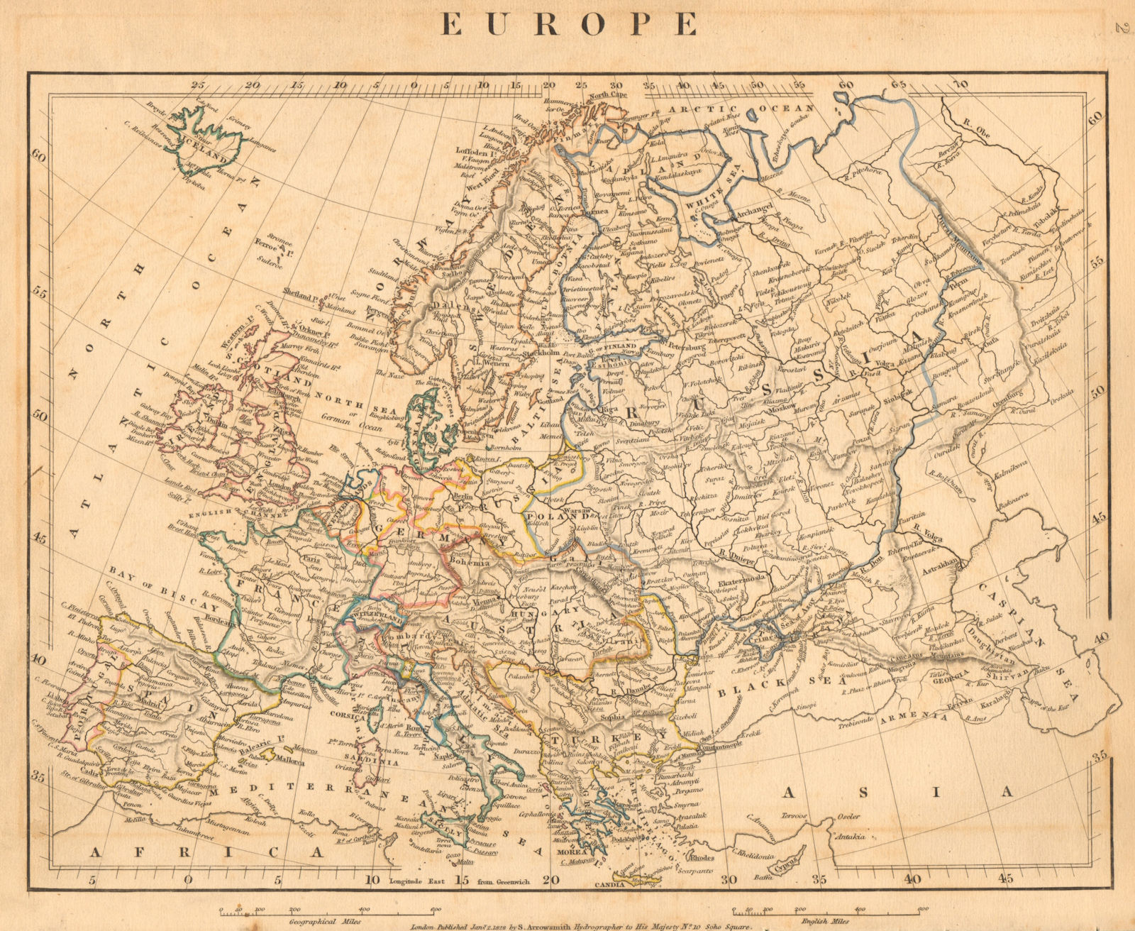 Associate Product EUROPE. Italian & German states. Original outline colour. ARROWSMITH 1828 map
