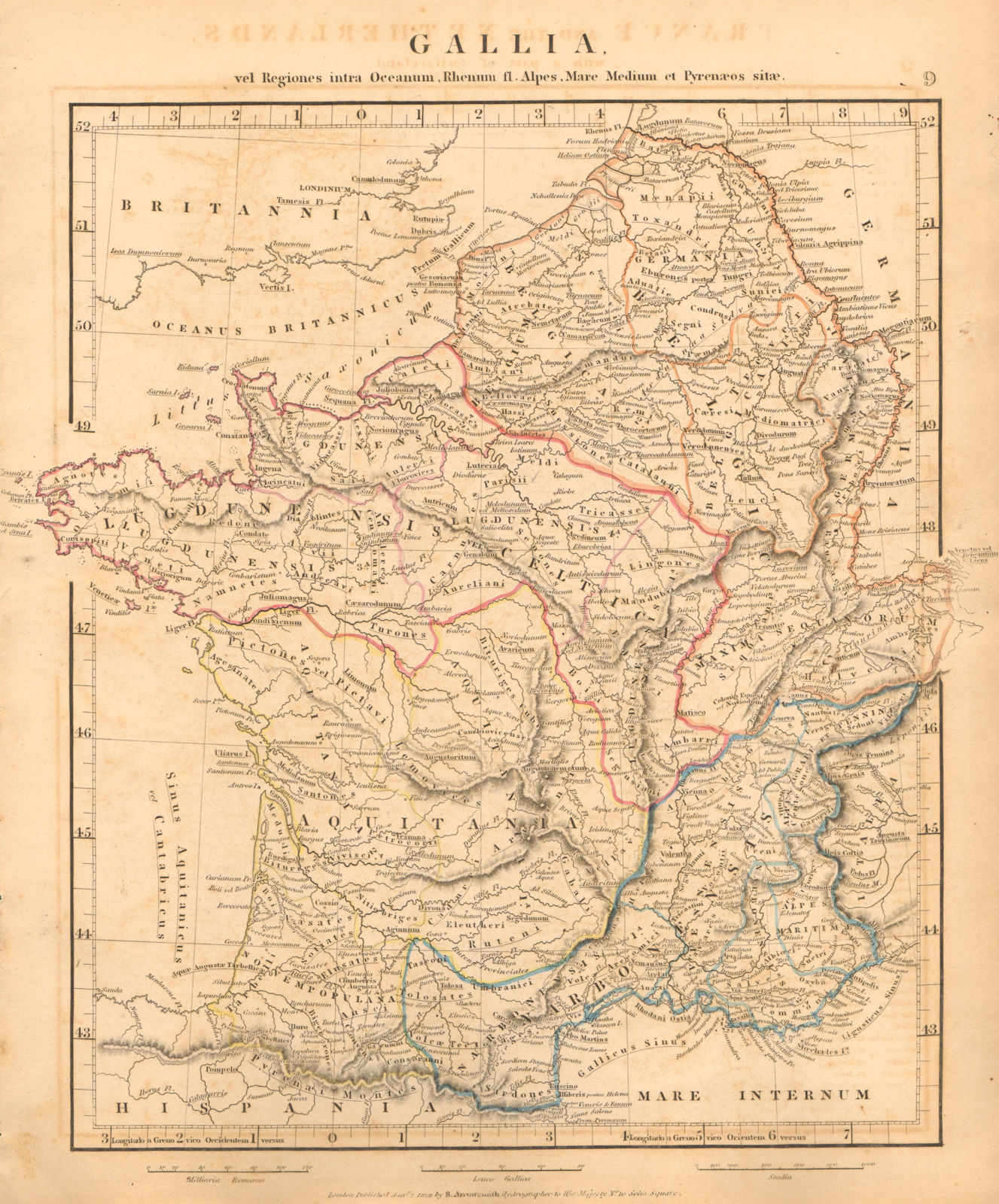ANCIENT ROMAN FRANCE GAUL. Gallia France Lugdunensis. ARROWSMITH 1828 old map