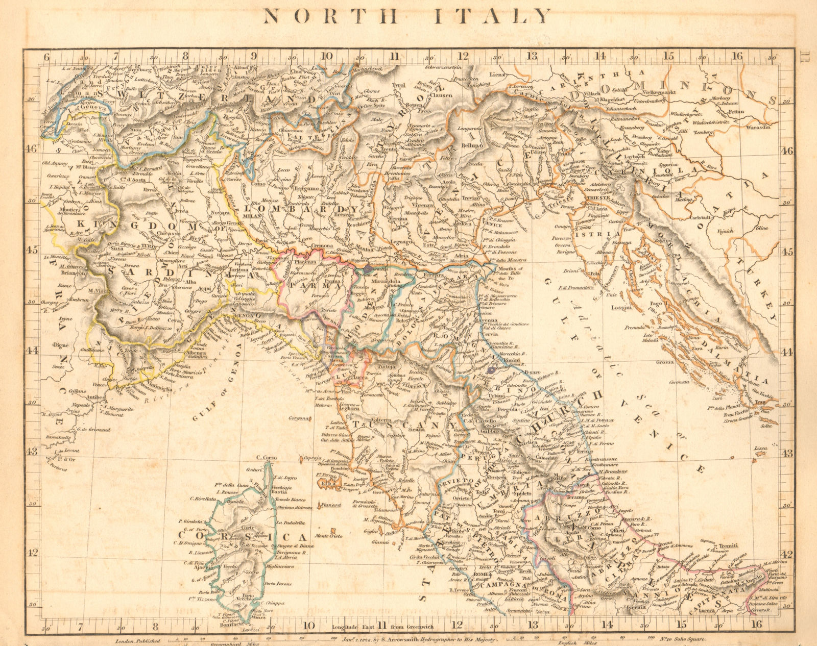 NORTHERN ITALY. Sardinia Lombardy Tuscany Papal States. ARROWSMITH 1828 map