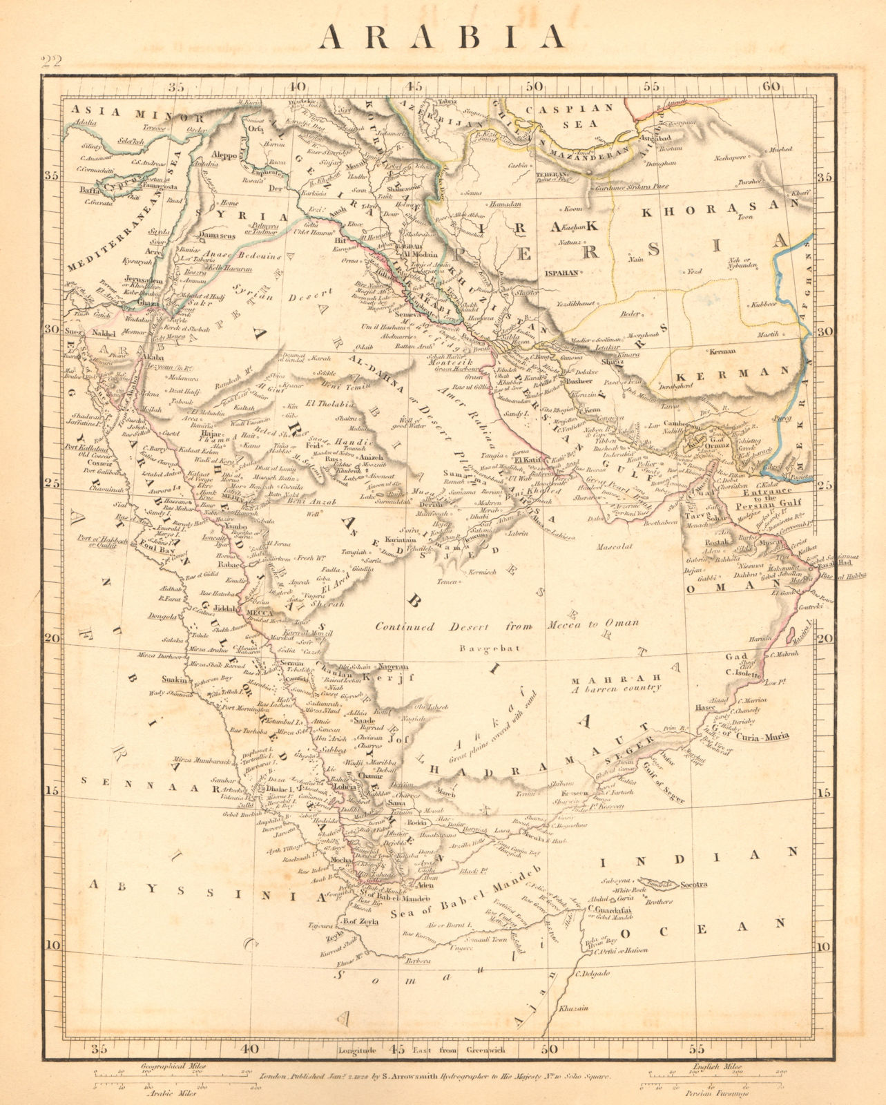 ARABIA. Early map showing "Debay" (Dubai). Graen/Kuwait. Muscat. ARROWSMITH 1828