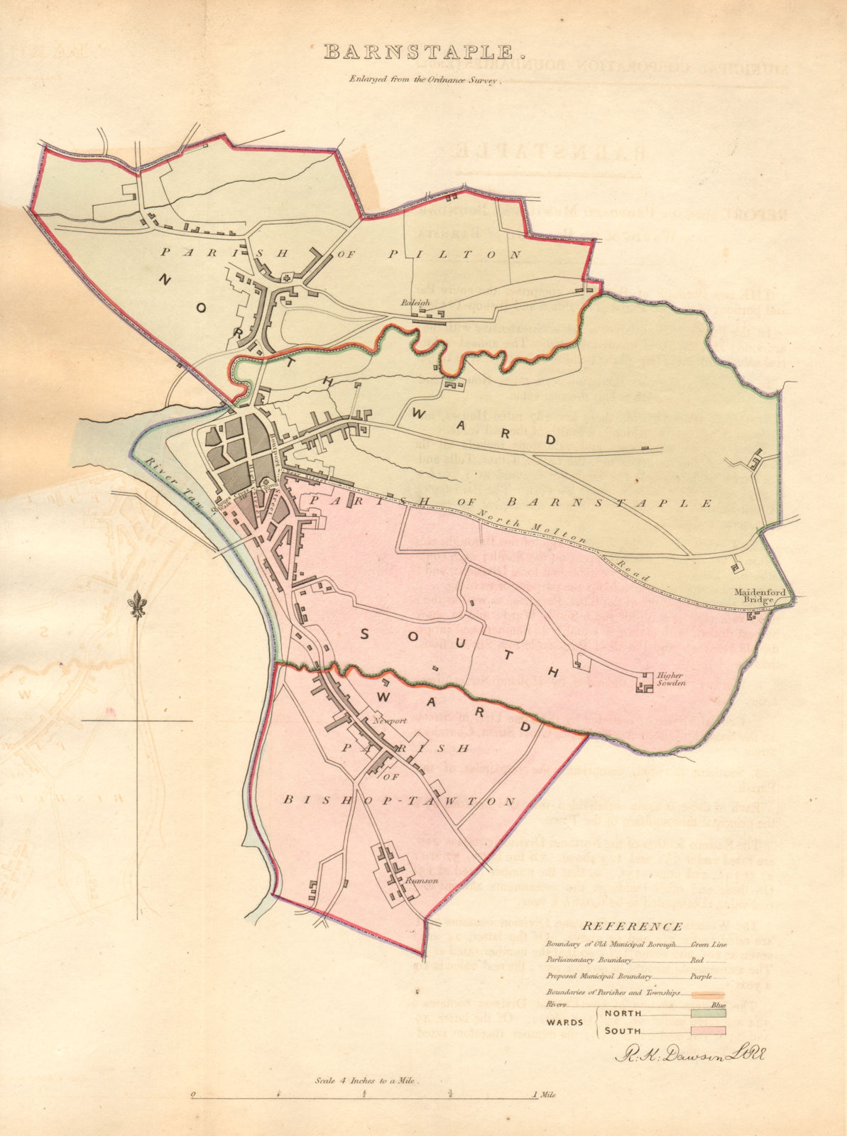 BARNSTAPLE borough/town plan. BOUNDARY COMMISSION. Devon. DAWSON 1837 old map