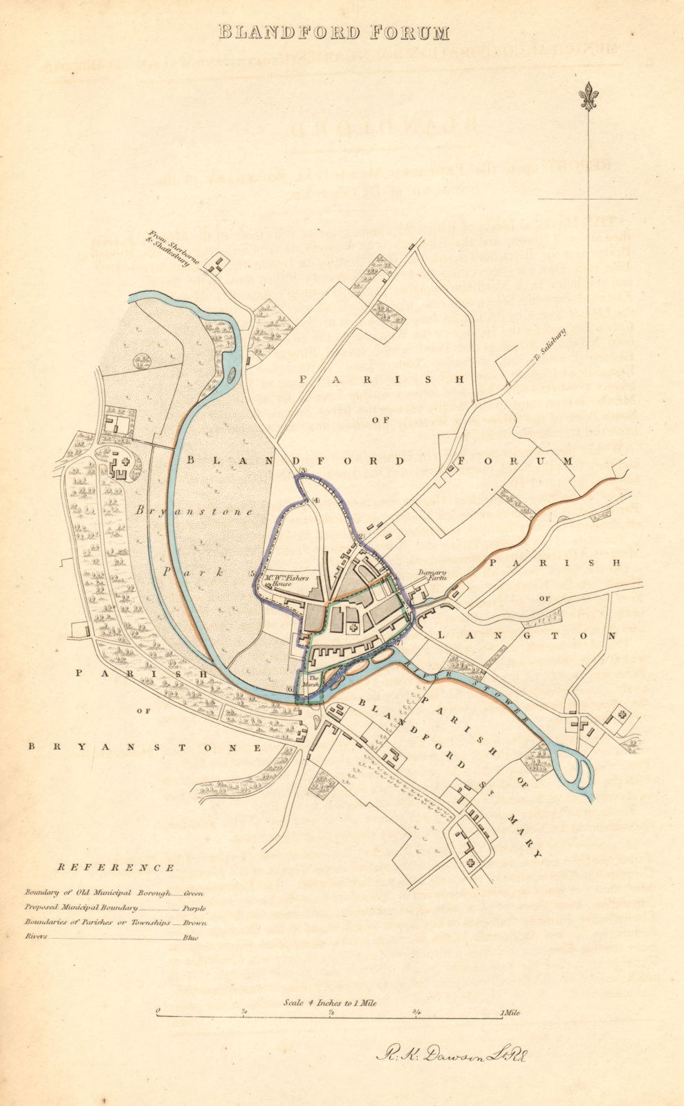 BLANDFORD FORUM borough/town plan. BOUNDARY COMMISSION. Dorset. DAWSON 1837 map