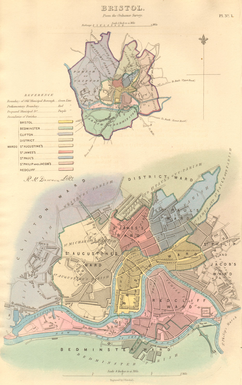 BRISTOL borough/town/city plan. Plate 1. BOUNDARY COMMISSION. DAWSON 1837 map