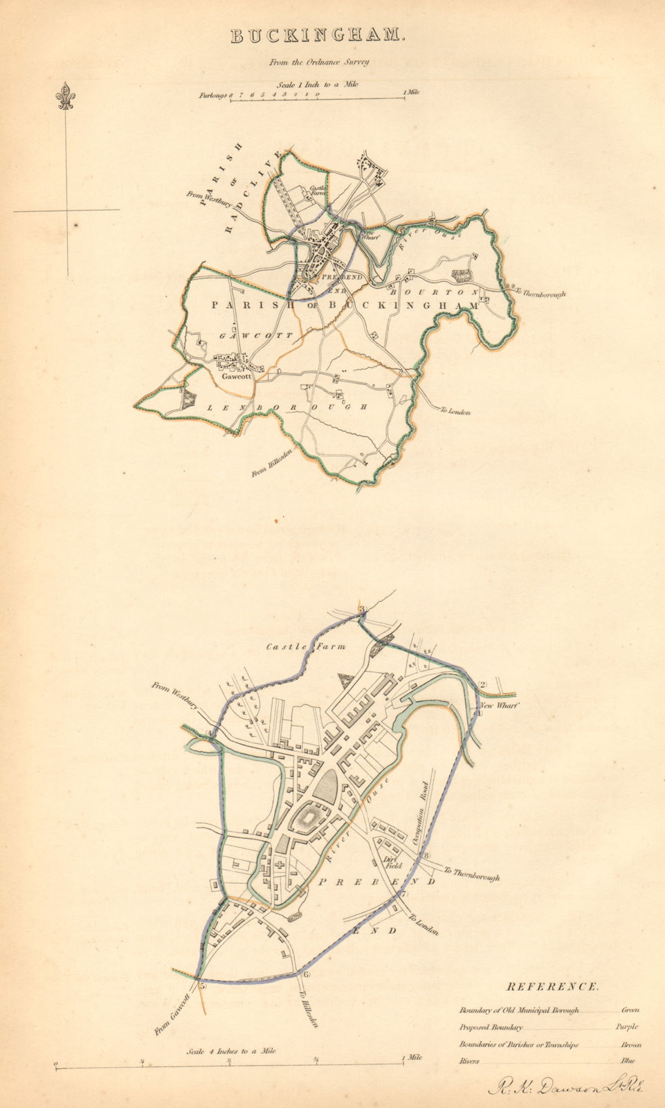 BUCKINGHAM borough/town plan. BOUNDARY COMMISSION. DAWSON 1837 old antique map