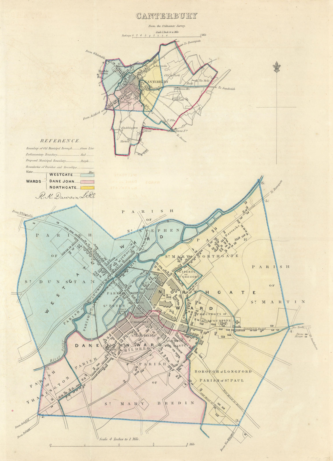 CANTERBURY borough/town/city plan. BOUNDARY COMMISSION. Kent. DAWSON 1837 map