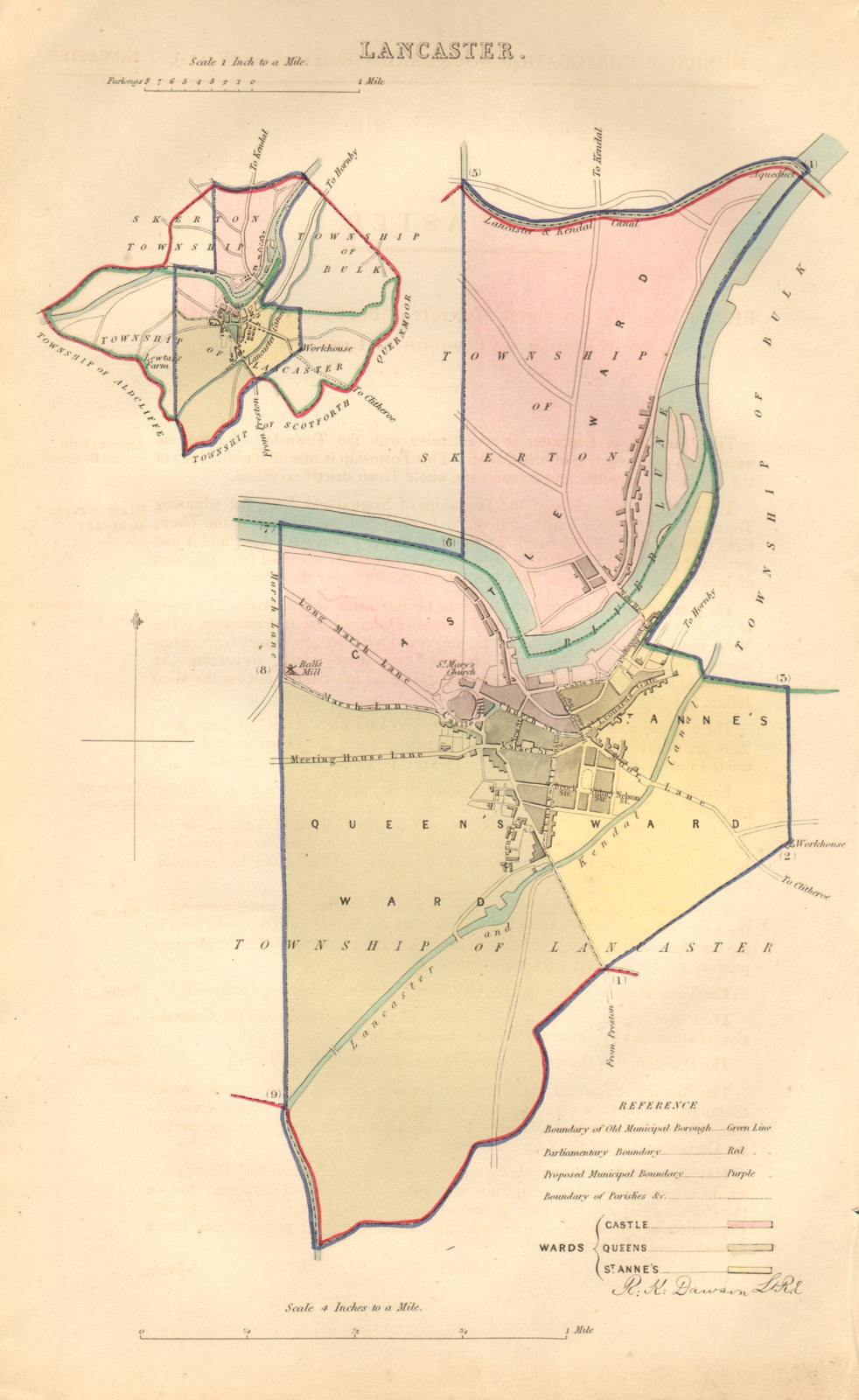 LANCASTER borough/town/city plan. BOUNDARY COMMISSION Lancashire DAWSON 1837 map