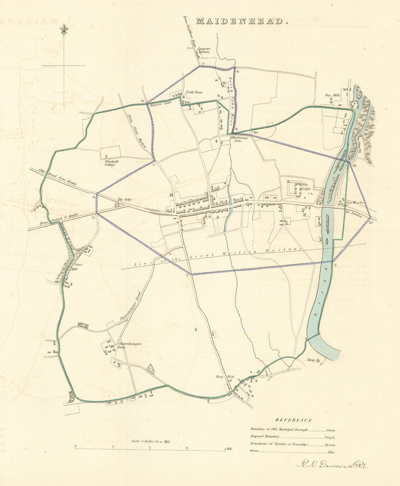 MAIDENHEAD borough/town plan. BOUNDARY COMMISSION. Berkshire. DAWSON 1837 map