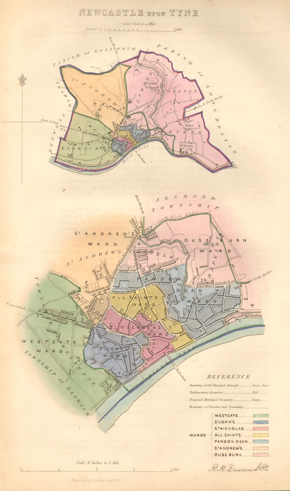 NEWCASTLE-UPON-TYNE borough/town/city plan. BOUNDARY COMMISSION. DAWSON 1837 map