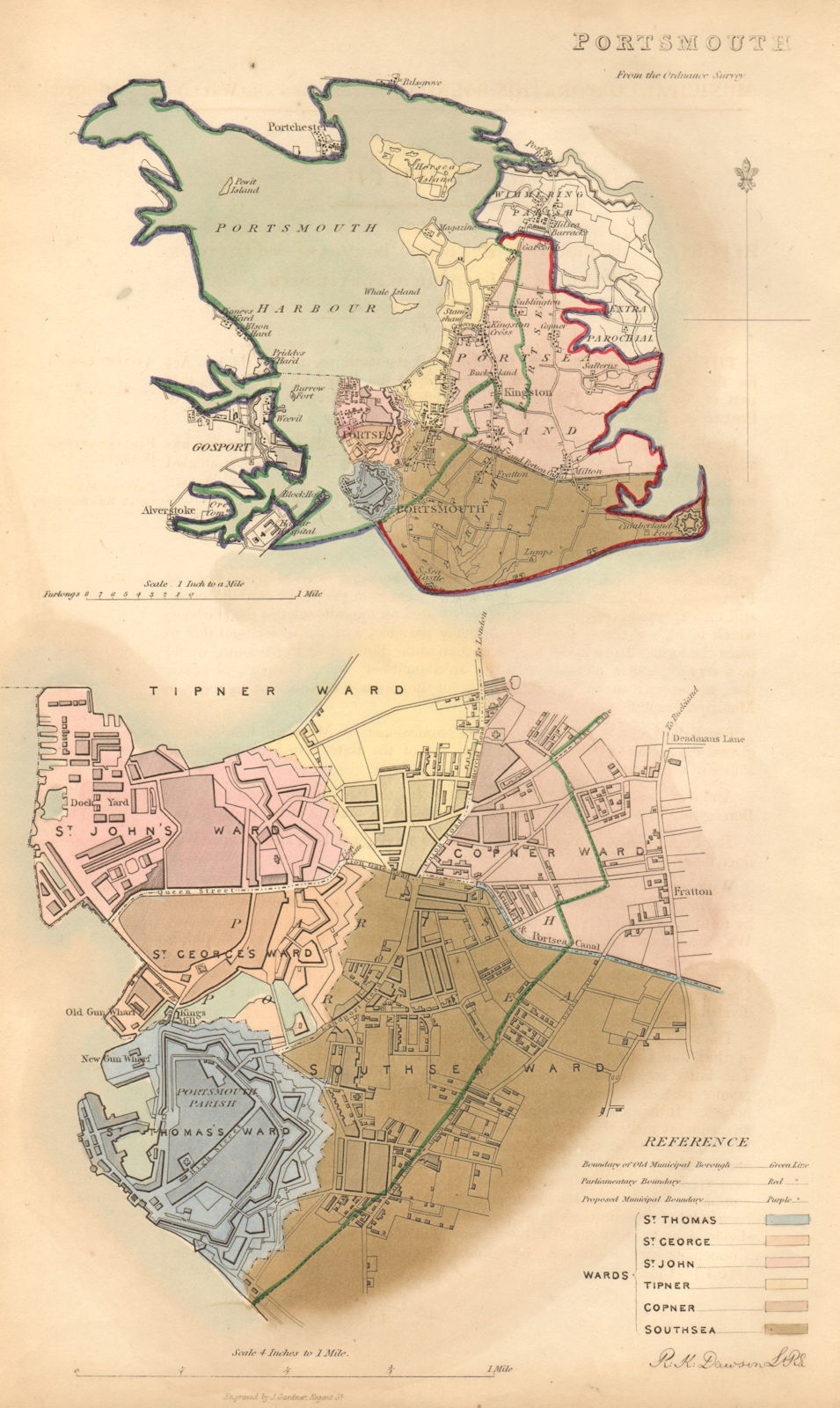 PORTSMOUTH borough/town/city plan. BOUNDARY COMMISSION Hampshire DAWSON 1837 map