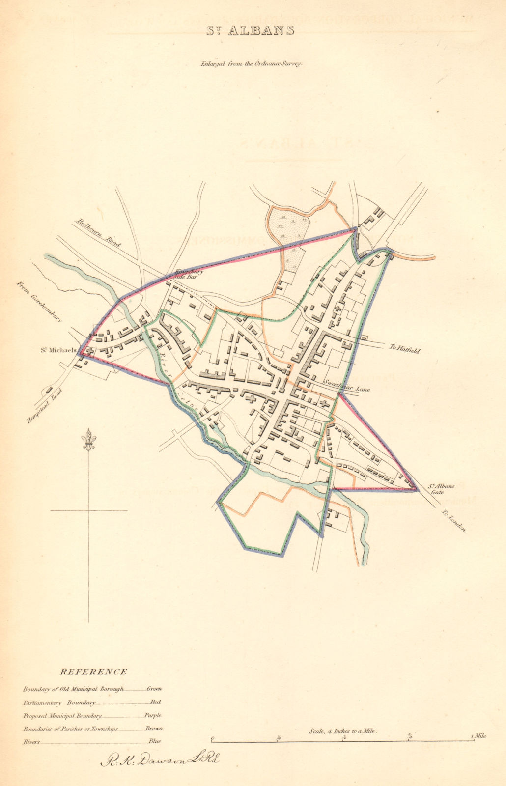 ST ALBANS borough/town plan. BOUNDARY COMMISSION. Hertfordshire. DAWSON 1837 map