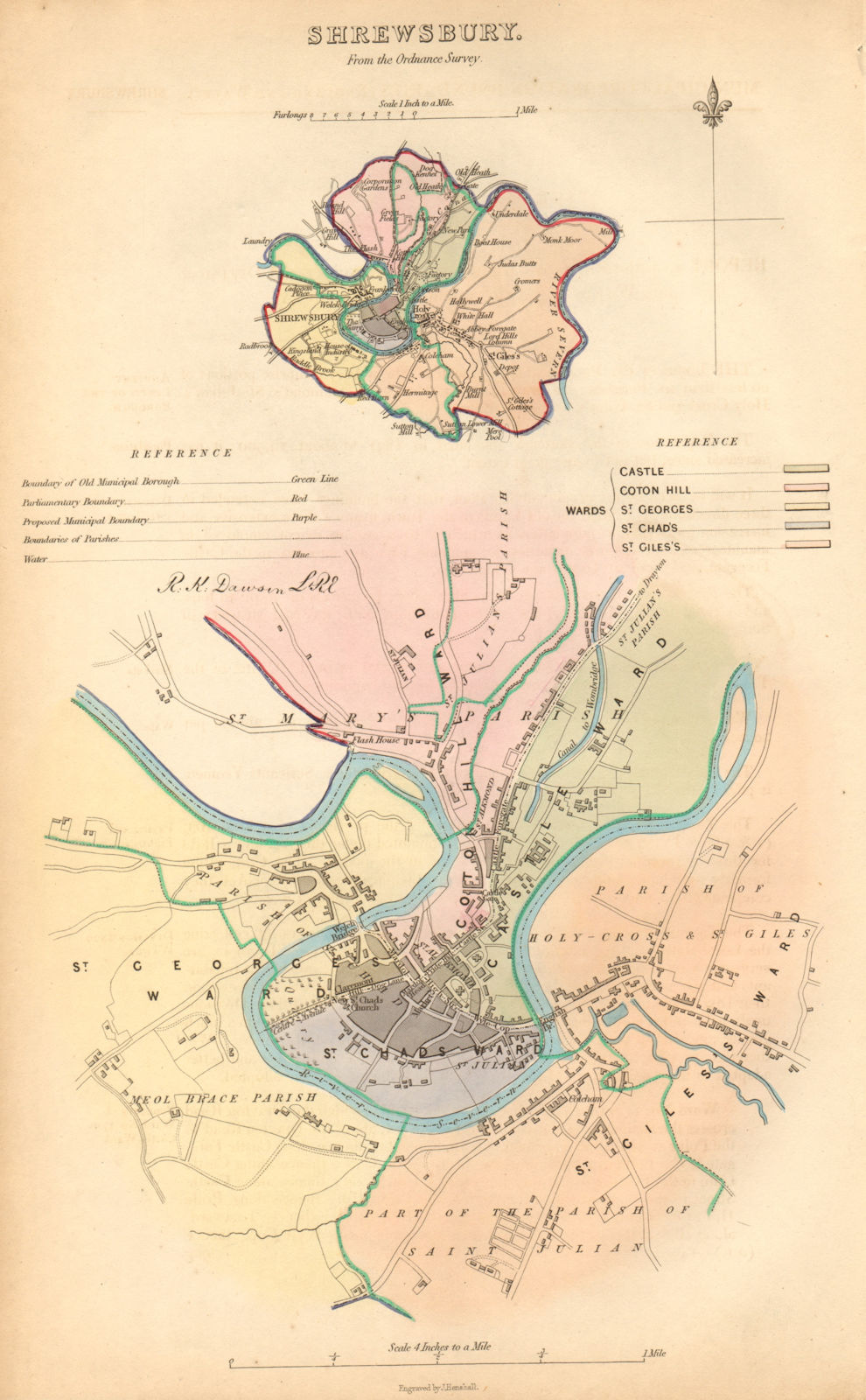 SHREWSBURY borough/town plan. BOUNDARY COMMISSION. Shropshire. DAWSON 1837 map