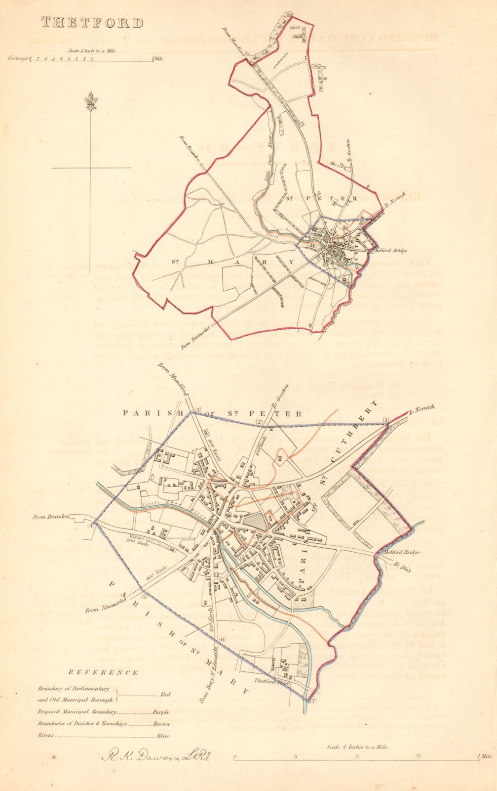 THETFORD borough/town plan. BOUNDARY COMMISSION. Norfolk. DAWSON 1837 old map